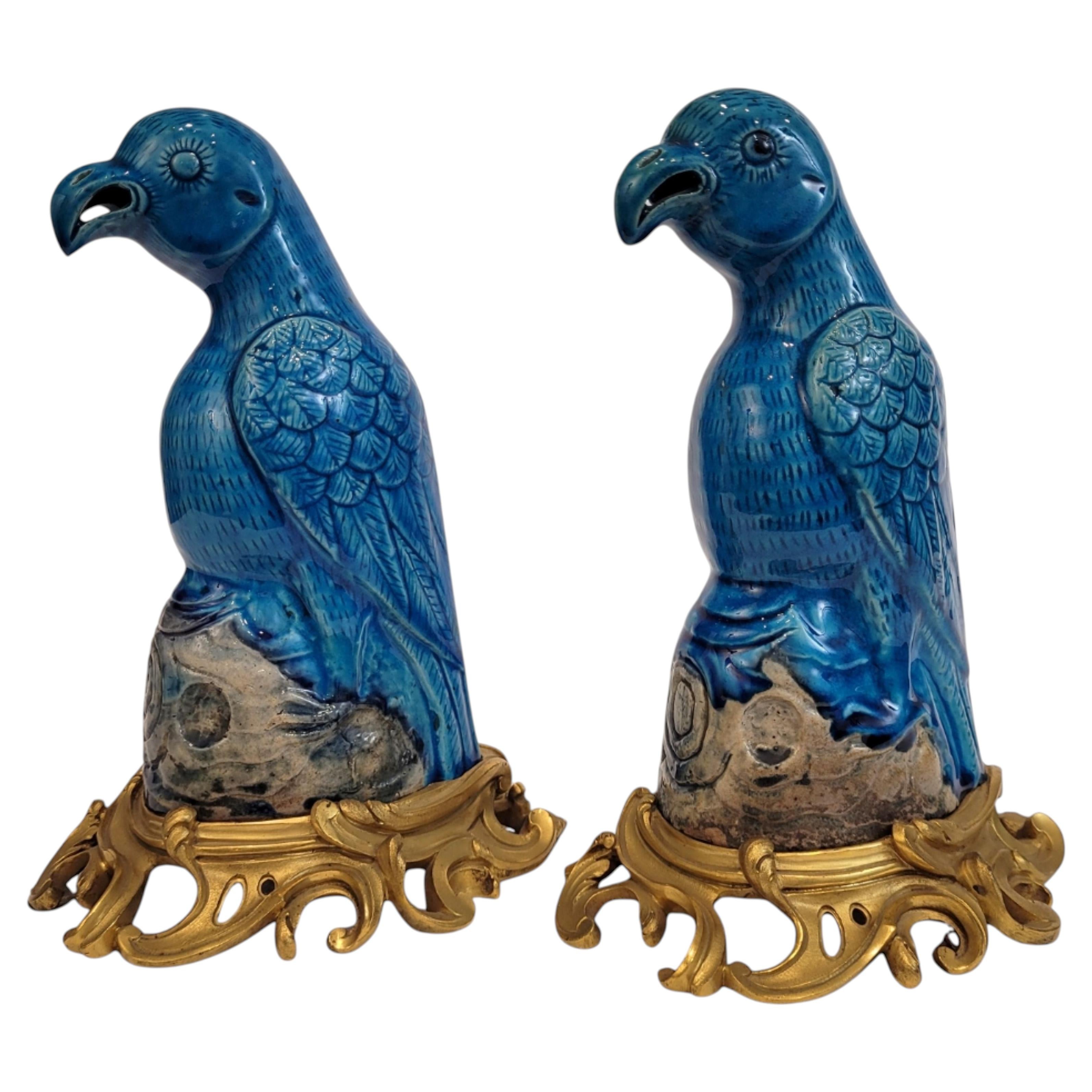 Coppia di pappagalli blu in porcellana della Dinastia Qing, base in ormolu, Cina Dinastia Qing