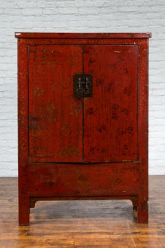 Qing Dynasty Period 19th Century Red Lacquer Shanxi Cabinet with Floral Décor