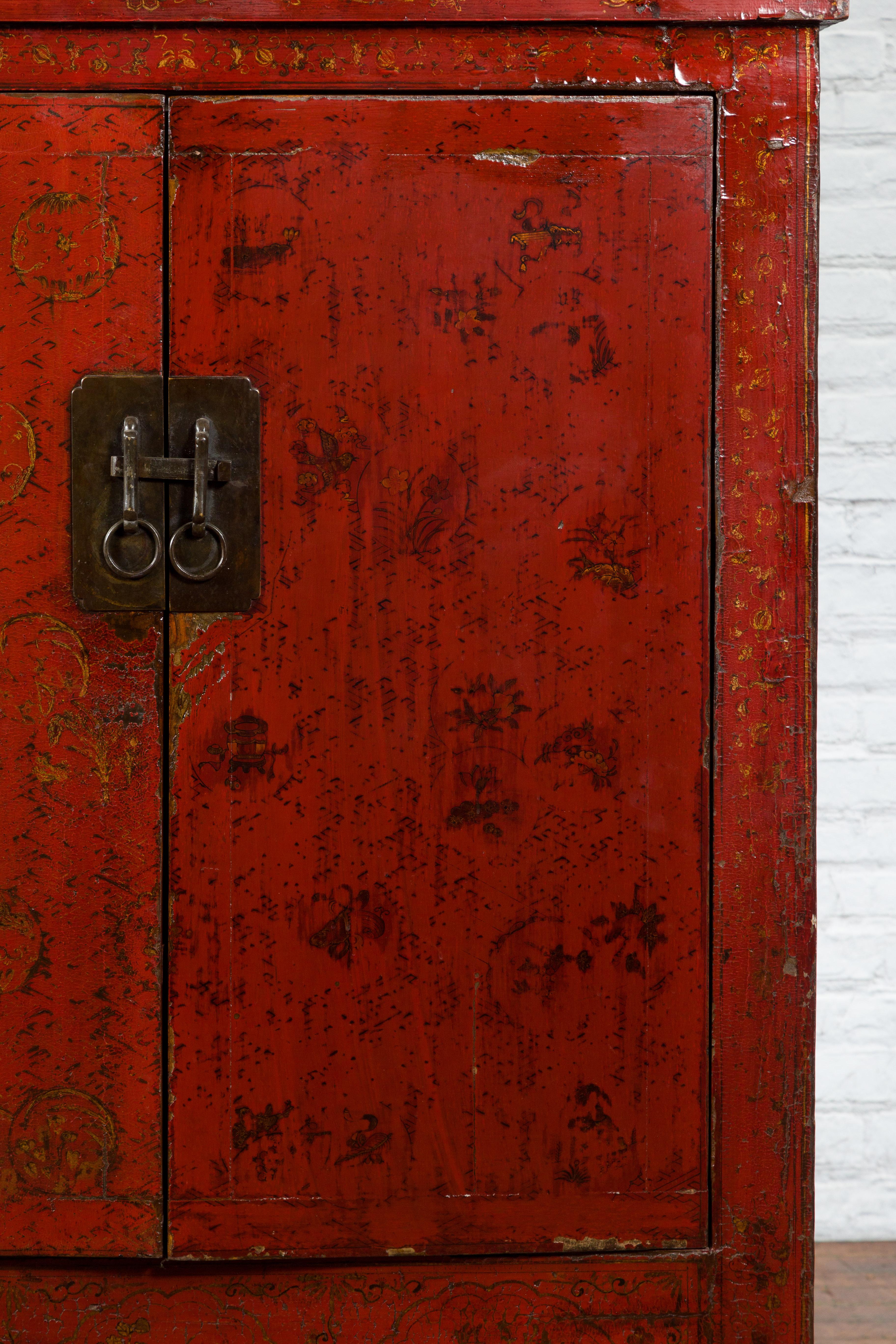 Wood Qing Dynasty Period 19th Century Red Lacquer Shanxi Cabinet with Floral Décor For Sale