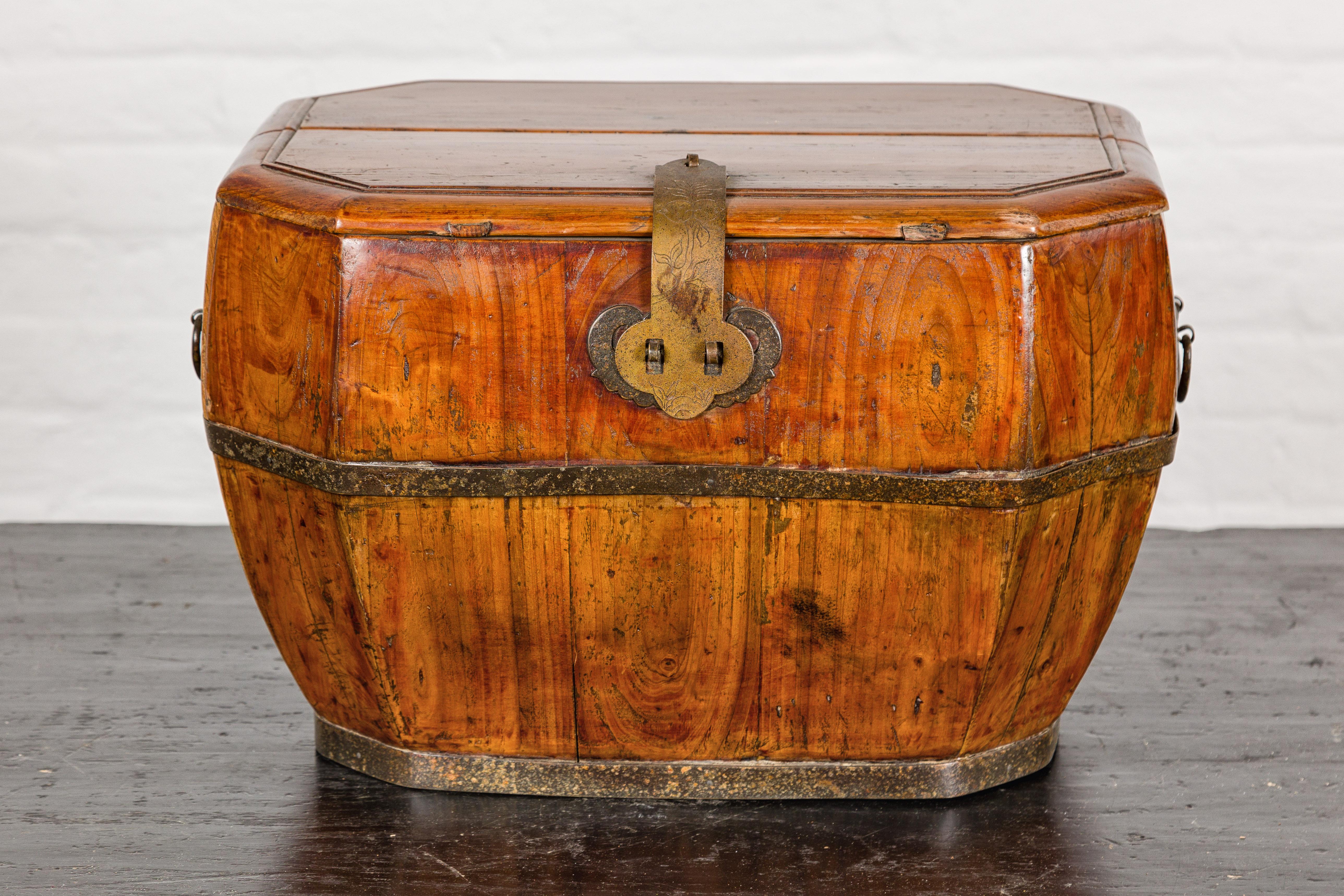 19th Century Qing Dynasty Period Chinese Box with Brass Lock, Banding and Removable Top For Sale