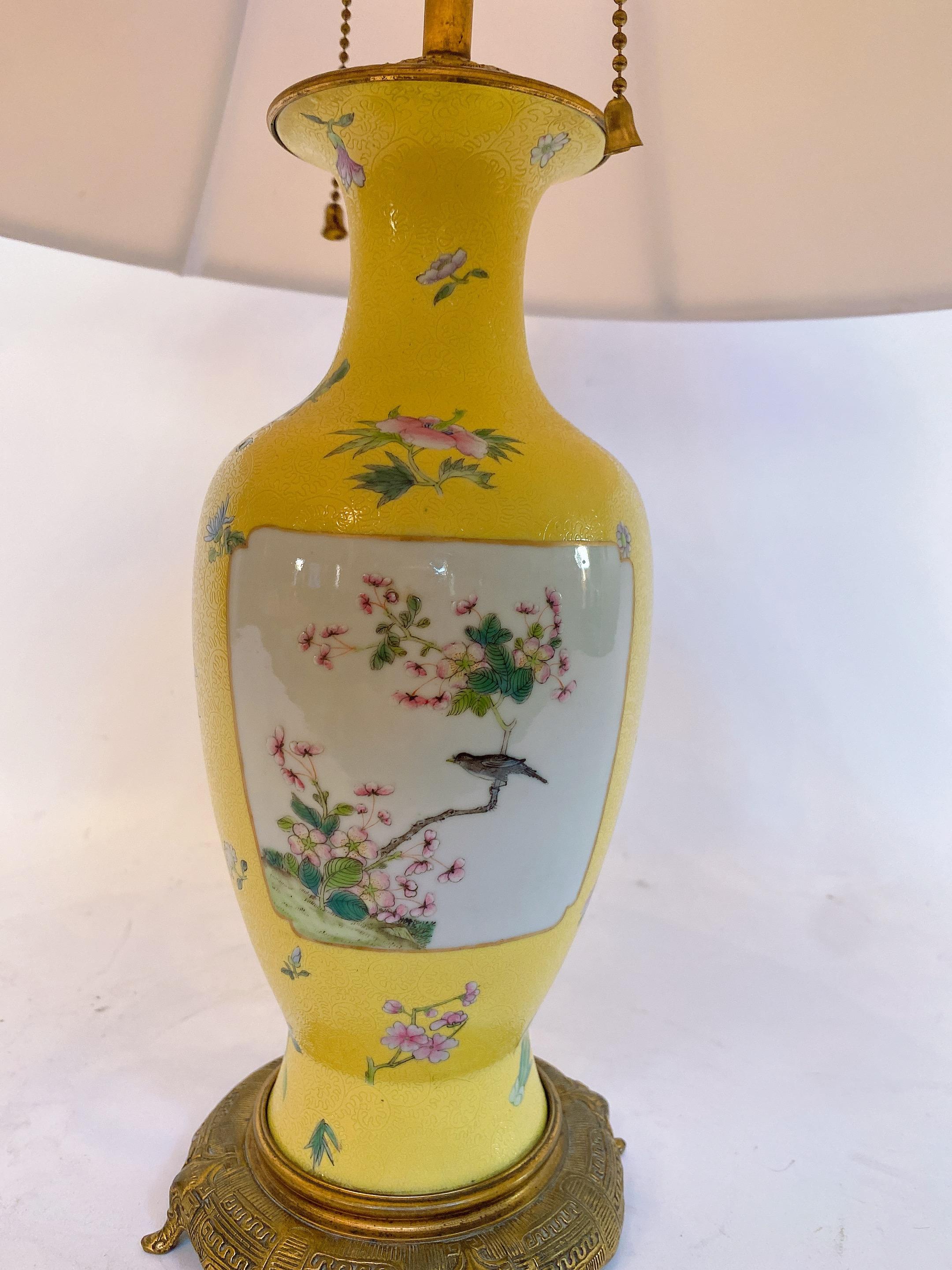Carved Qing Dynasty Rare Chinese Famille Rose Porcelain Vase Yellow Ground Enamel Panel For Sale