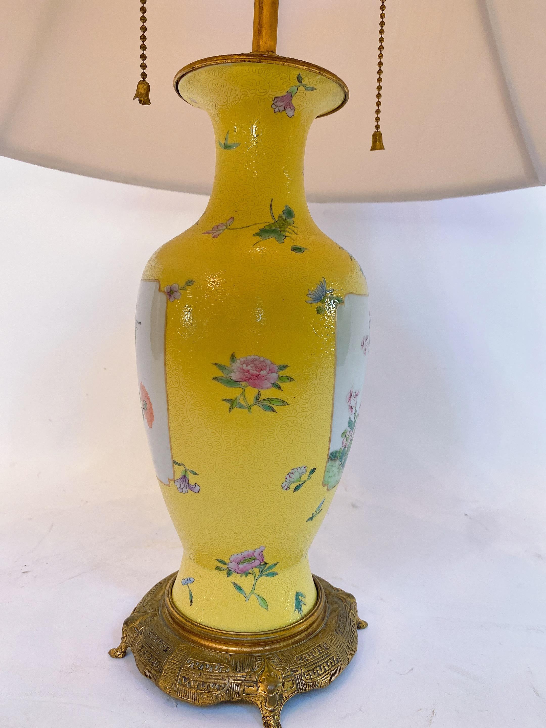 20th Century Qing Dynasty Rare Chinese Famille Rose Porcelain Vase Yellow Ground Enamel Panel For Sale