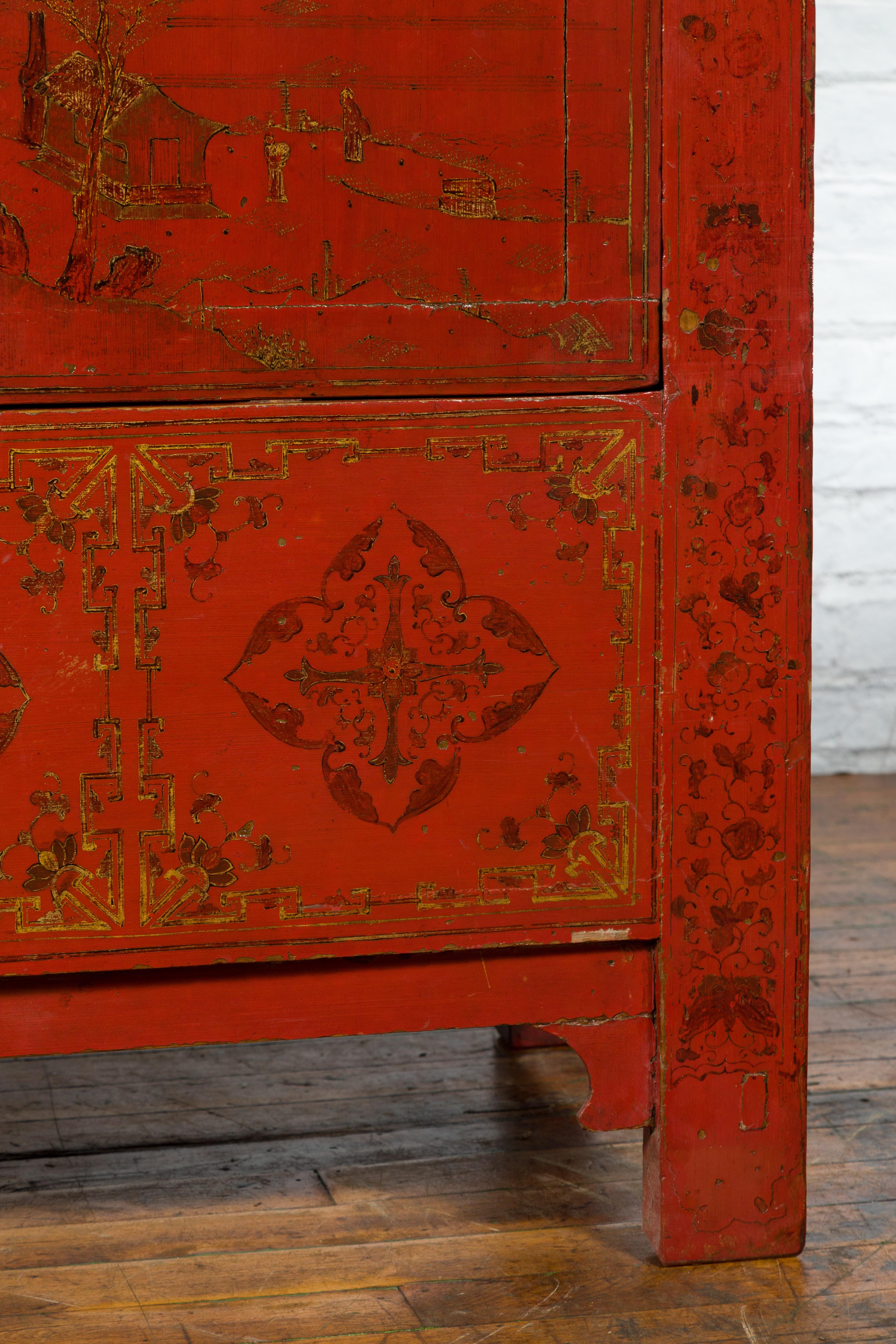 Qing Dynasty Red Lacquer 19th Century Cabinet with Gilded Hand-Painted Décor For Sale 5