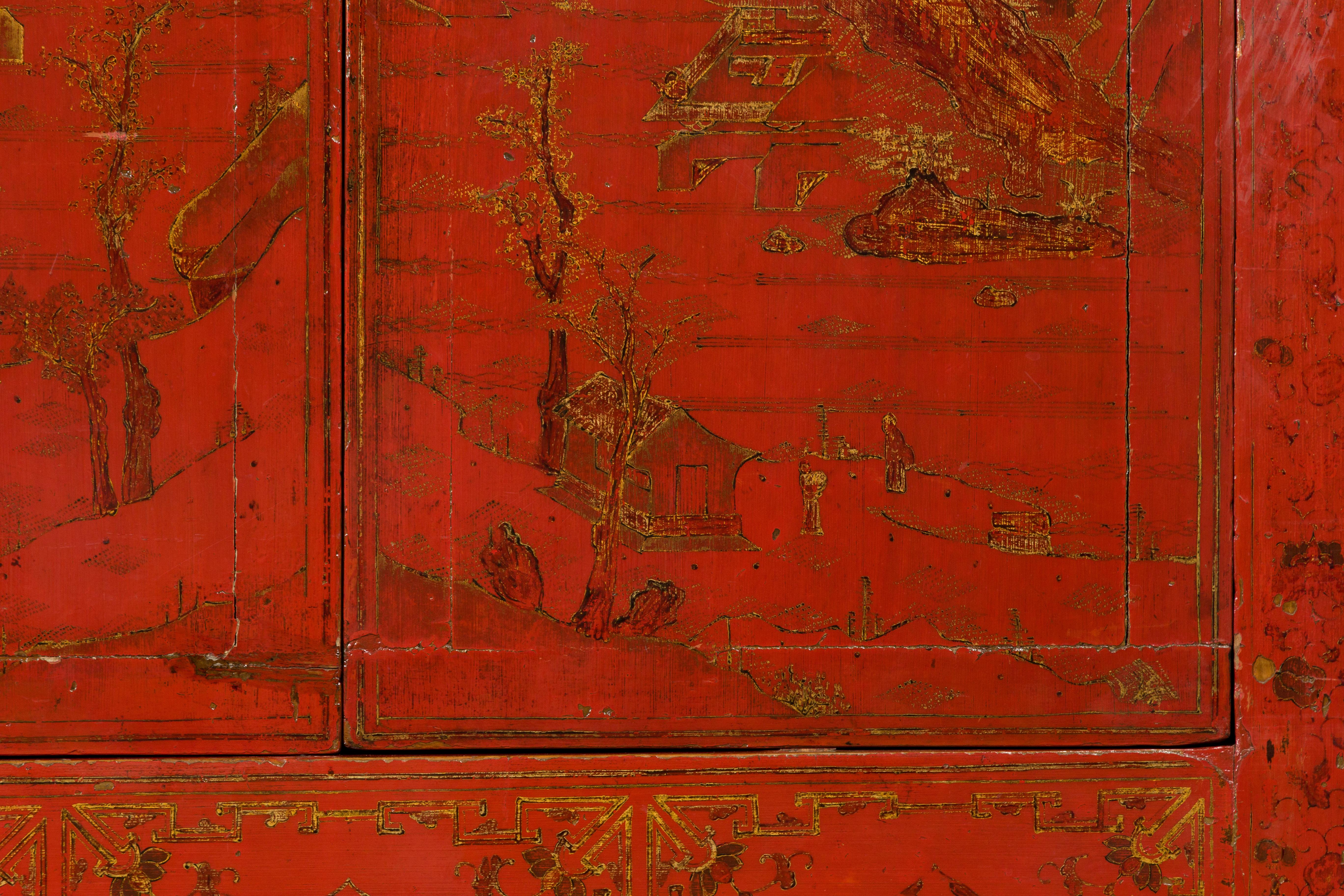 Qing Dynasty Red Lacquer 19th Century Cabinet with Gilded Hand-Painted Décor For Sale 6