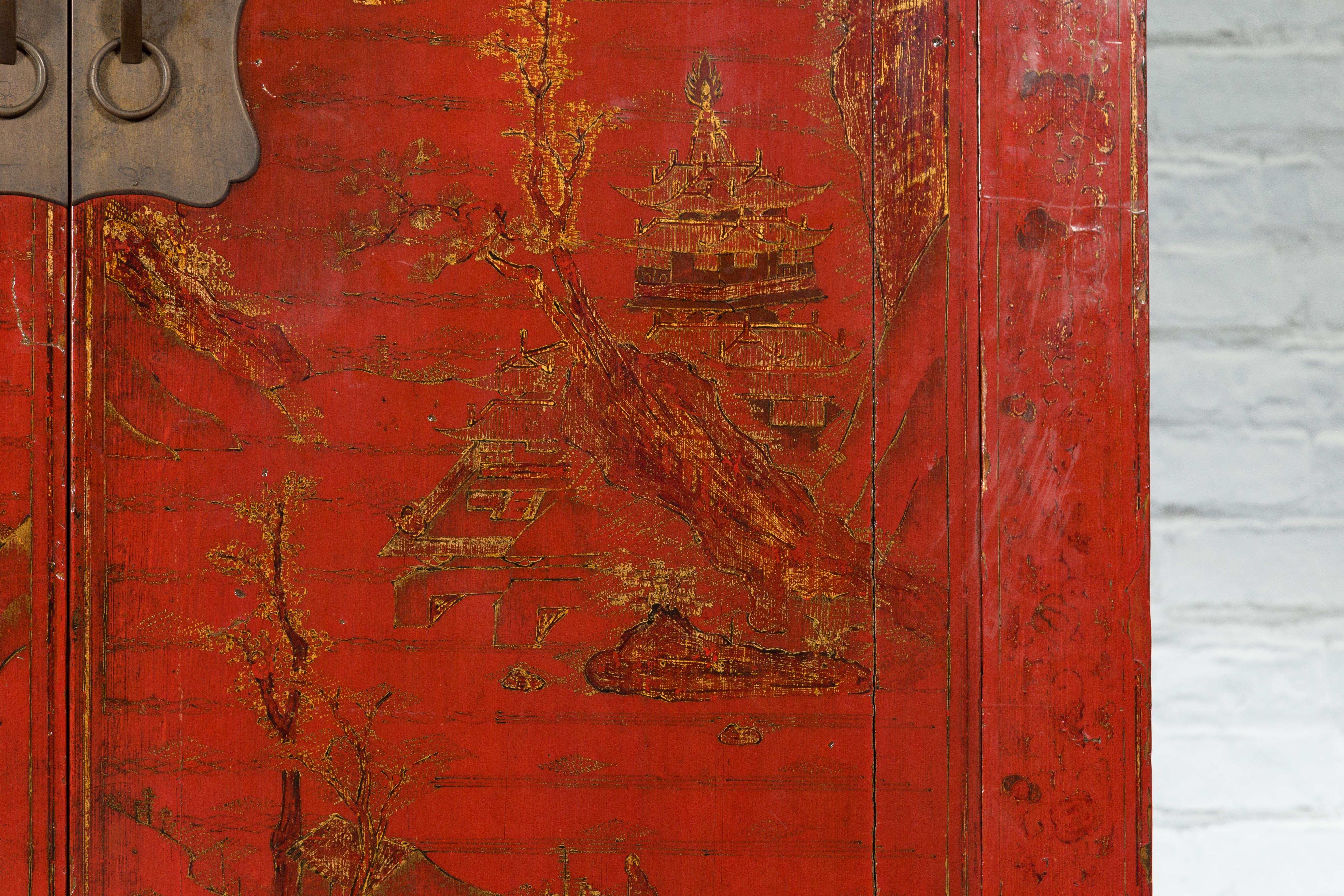 Qing Dynasty Red Lacquer 19th Century Cabinet with Gilded Hand-Painted Décor For Sale 7