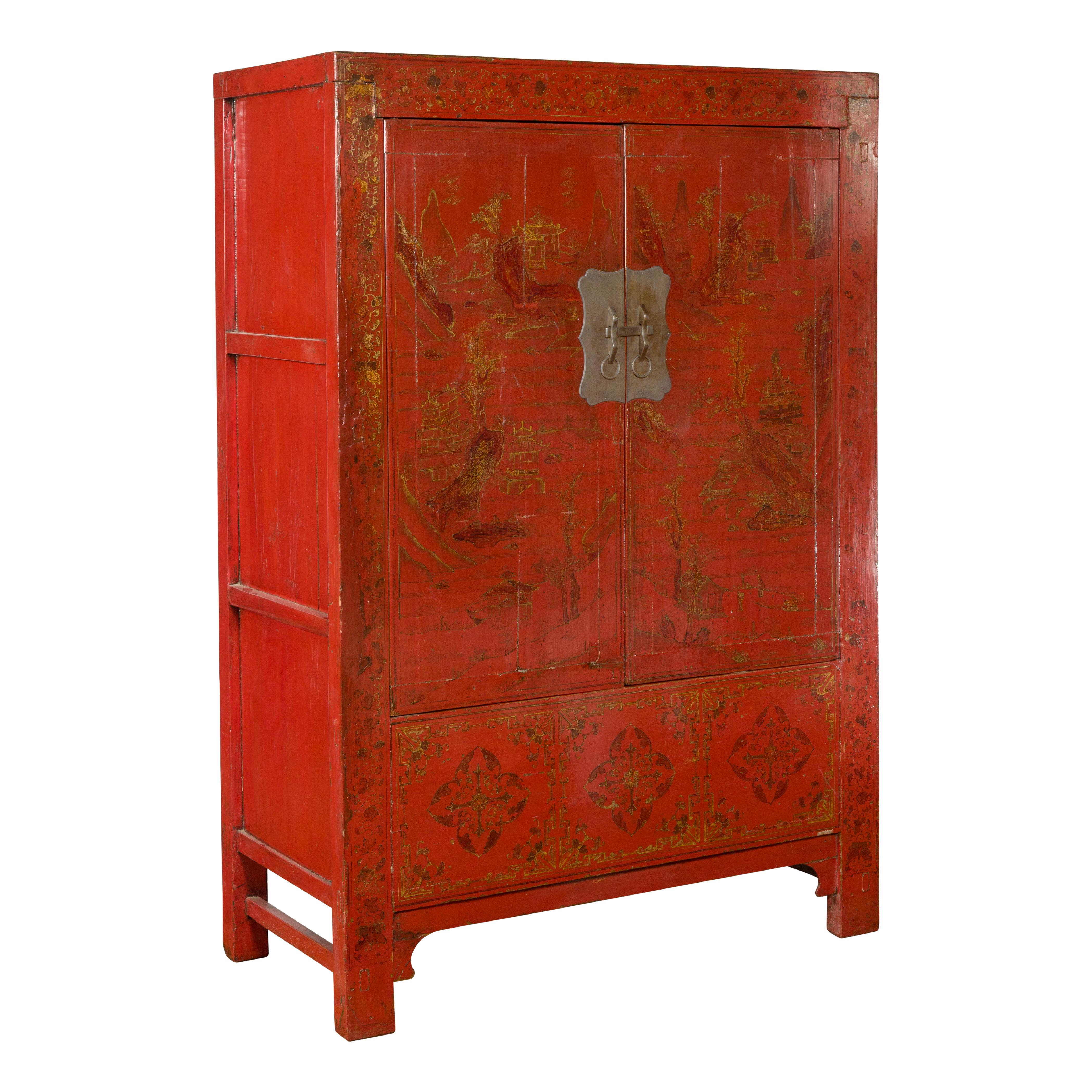 Qing Dynasty Red Lacquer 19th Century Cabinet with Gilded Hand-Painted Décor For Sale 11