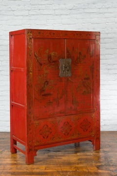 Qing Dynasty Red Lacquer 19th Century Cabinet with Gilded Hand-Painted Décor
