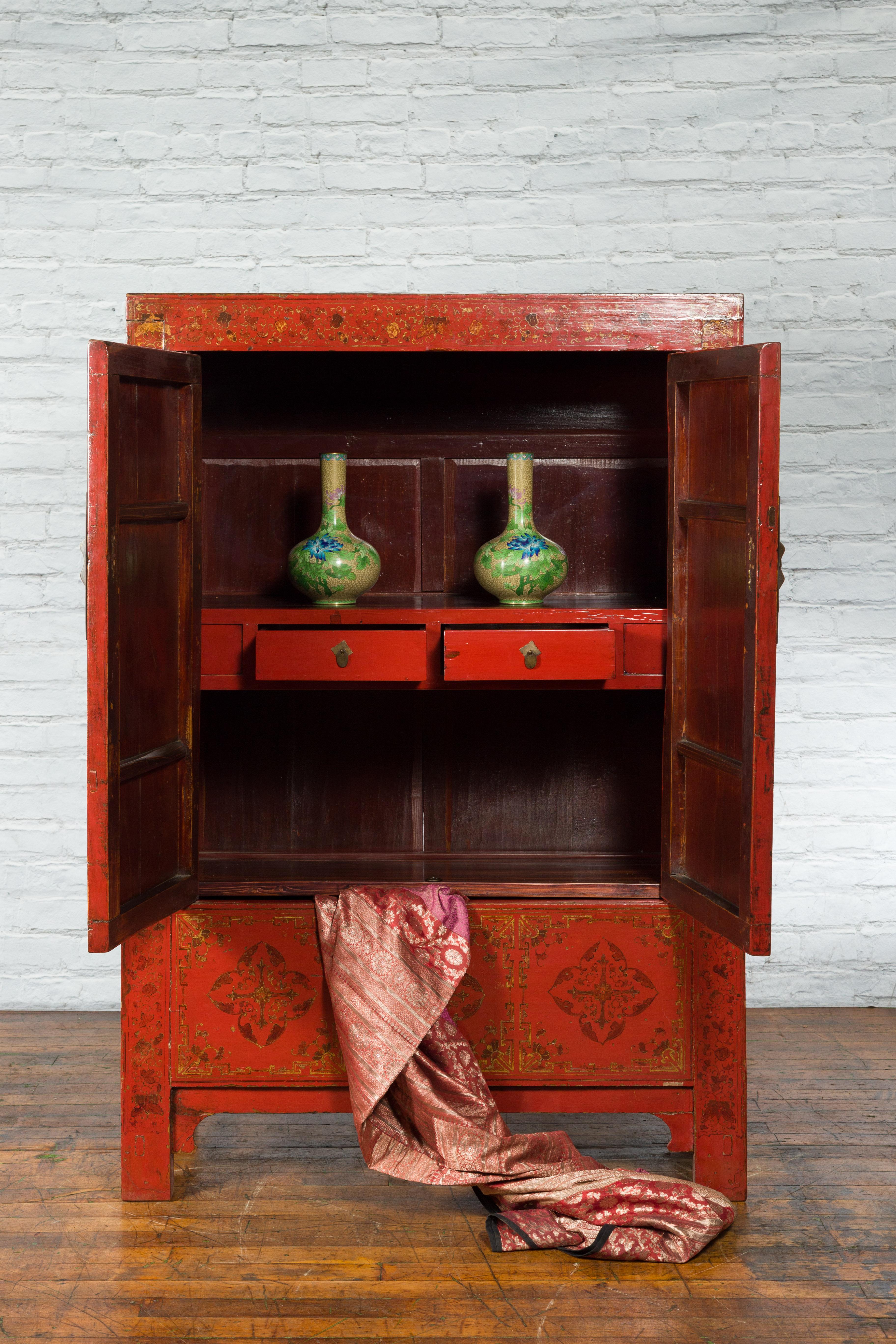 Chinese Qing Dynasty Red Lacquer 19th Century Cabinet with Gilded Hand-Painted Décor For Sale