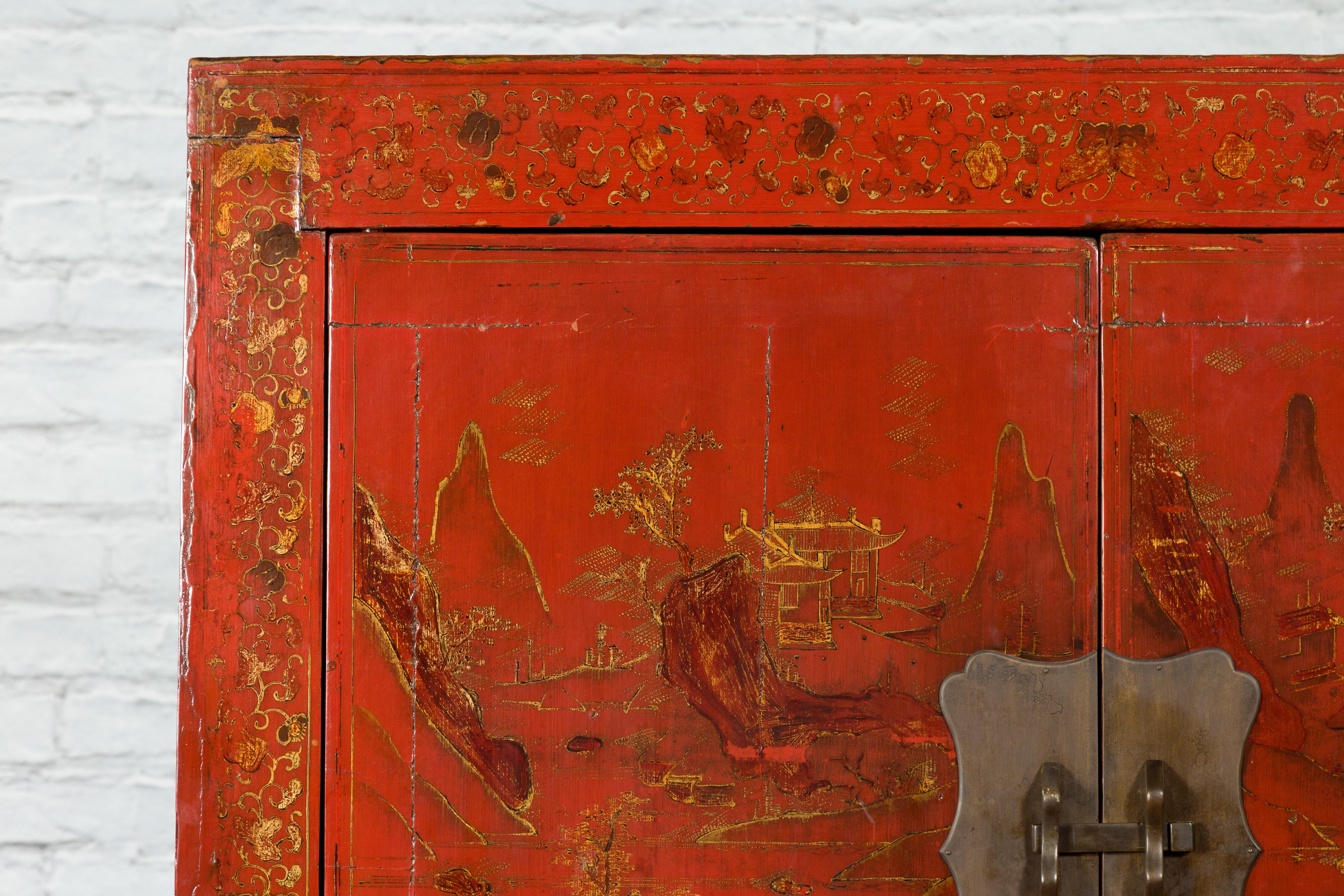 Lacquered Qing Dynasty Red Lacquer 19th Century Cabinet with Gilded Hand-Painted Décor For Sale