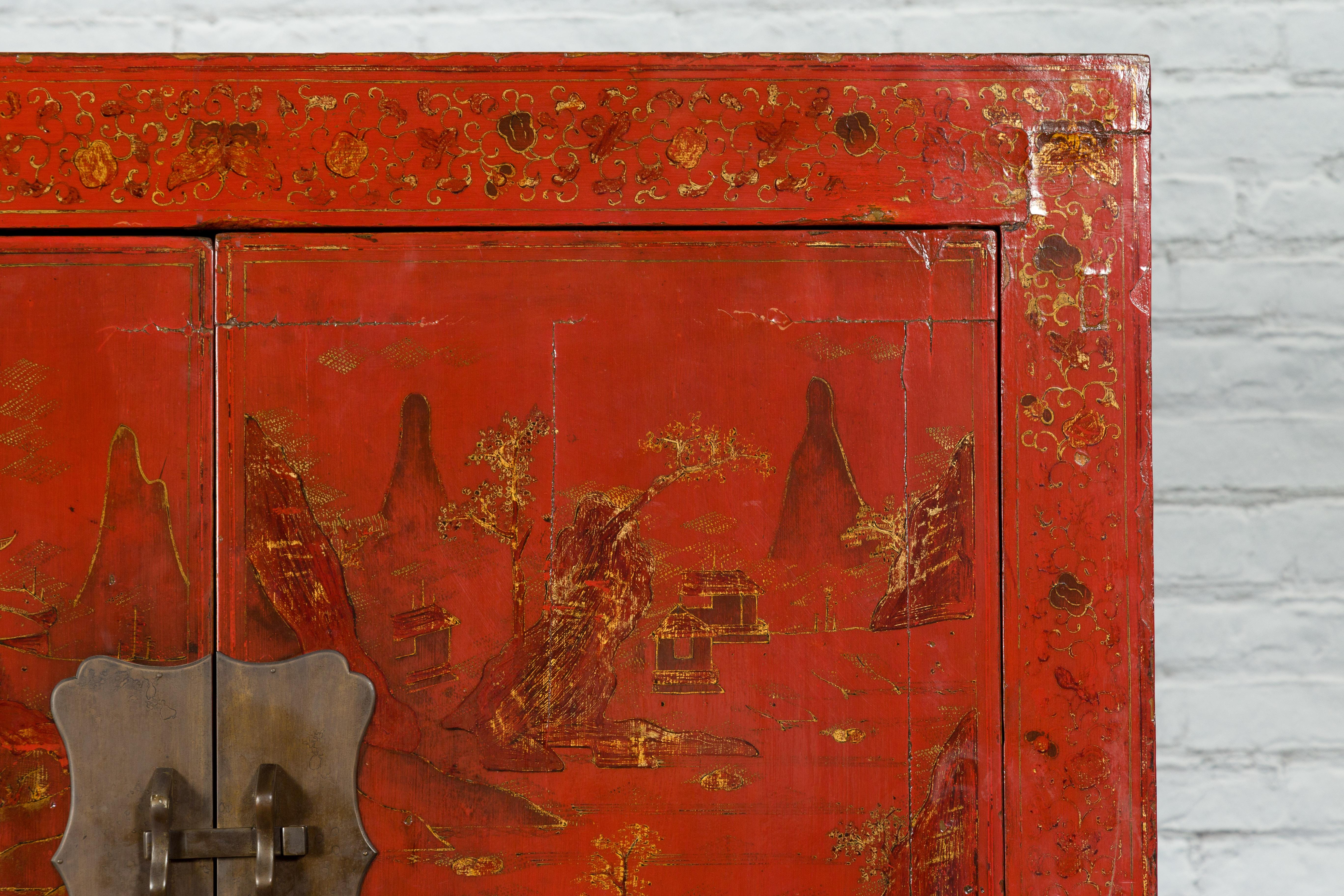 Qing Dynasty Red Lacquer 19th Century Cabinet with Gilded Hand-Painted Décor In Good Condition For Sale In Yonkers, NY
