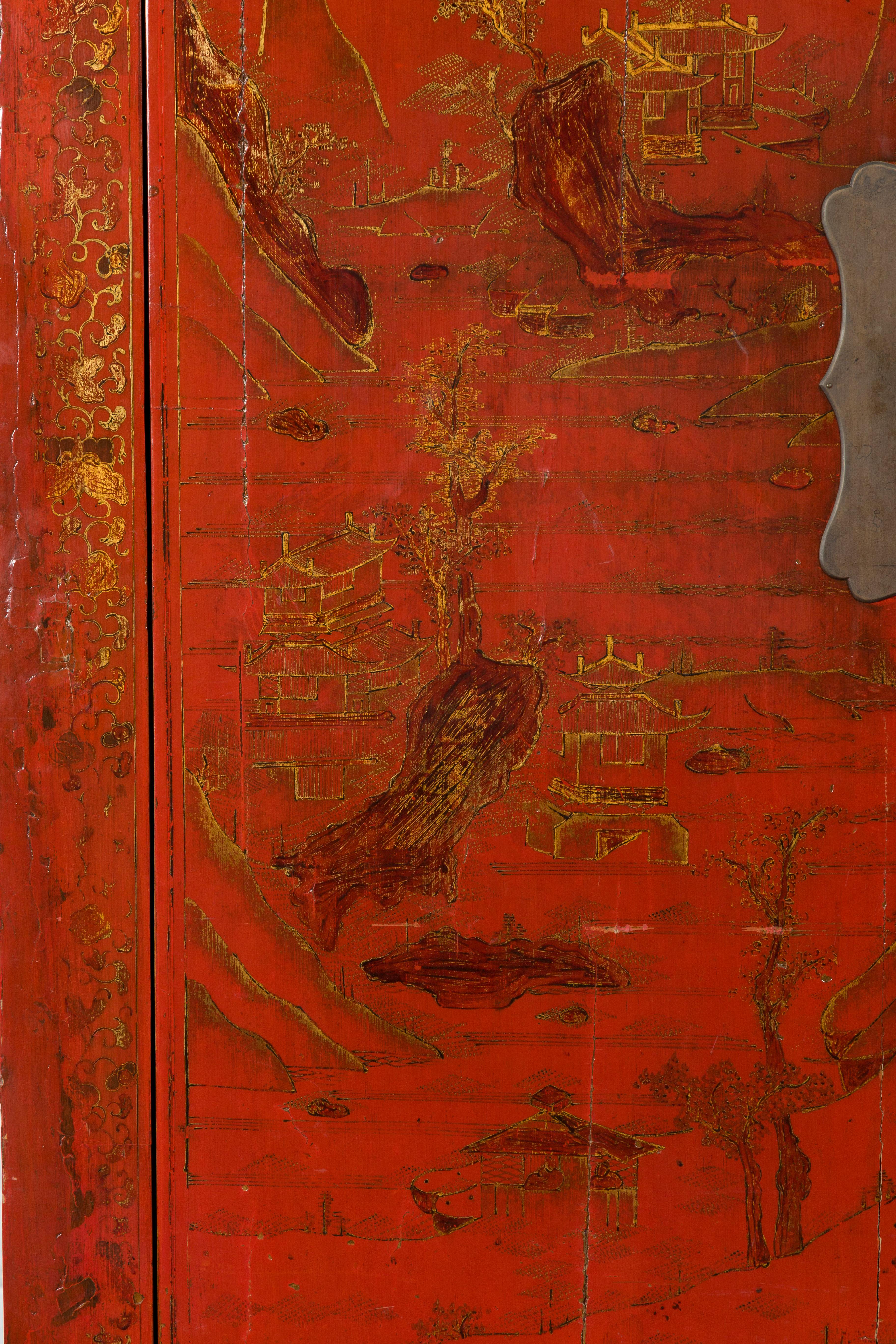 Qing Dynasty Red Lacquer 19th Century Cabinet with Gilded Hand-Painted Décor For Sale 1