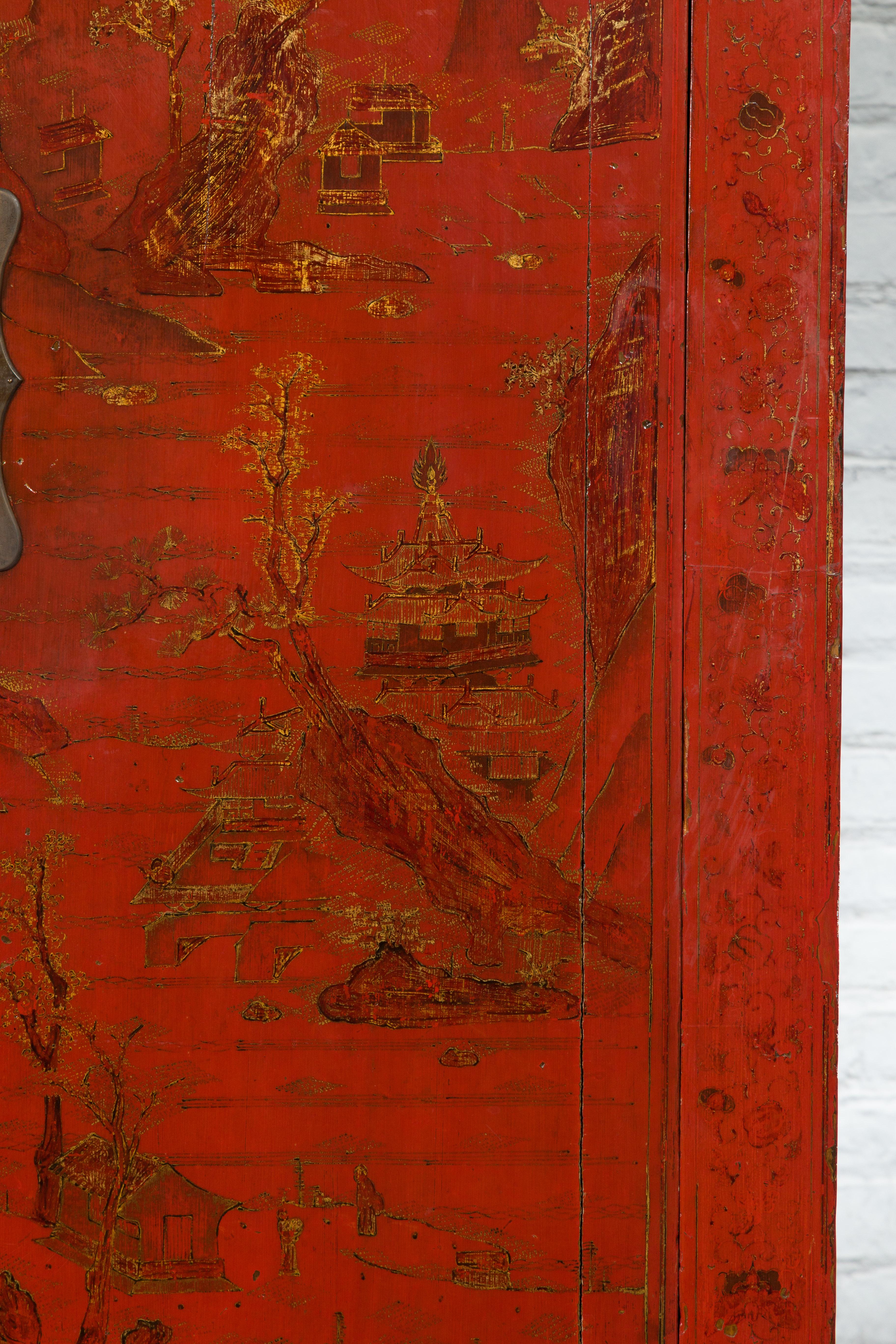 Qing Dynasty Red Lacquer 19th Century Cabinet with Gilded Hand-Painted Décor For Sale 2