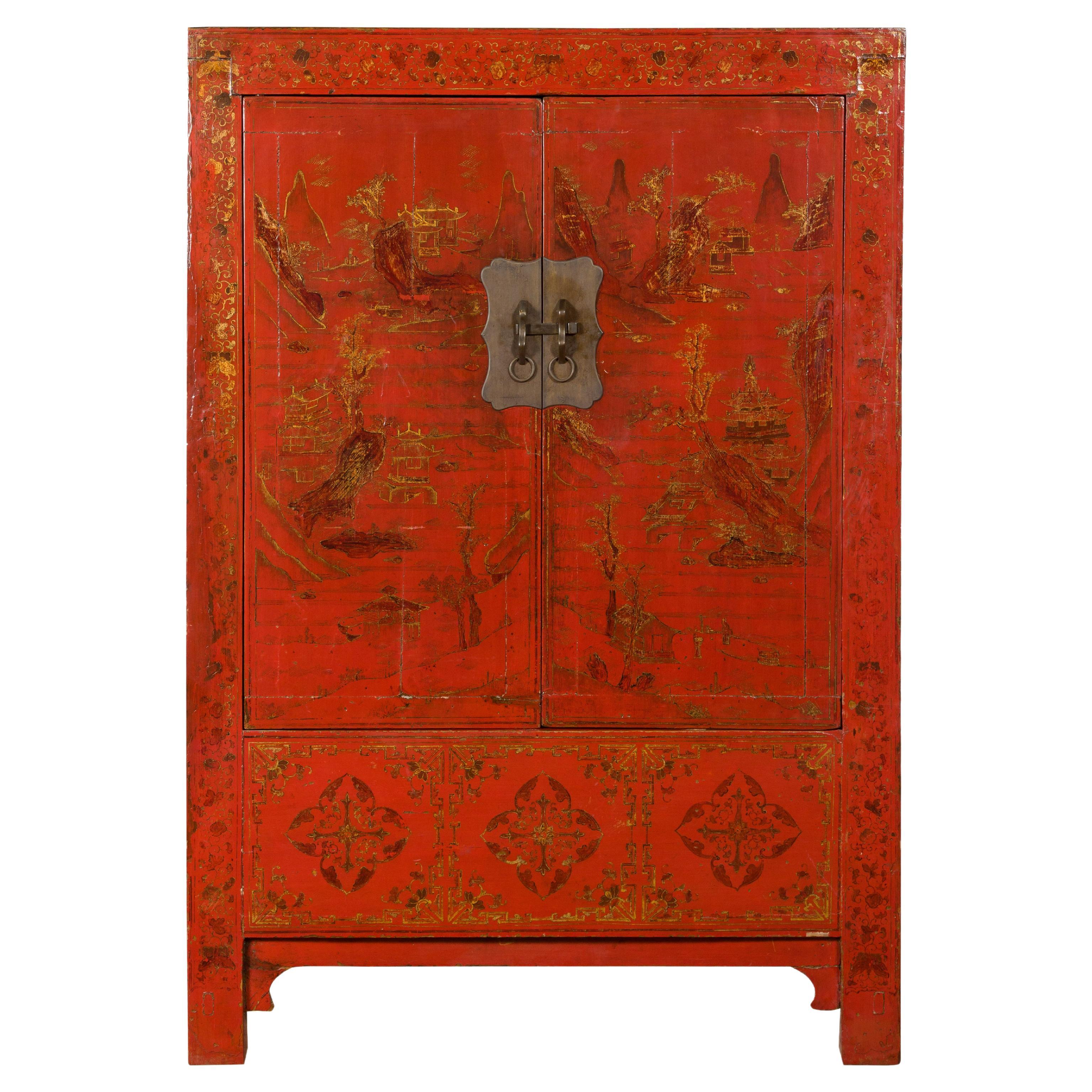 Qing Dynasty Red Lacquer 19th Century Cabinet with Gilded Hand-Painted Décor