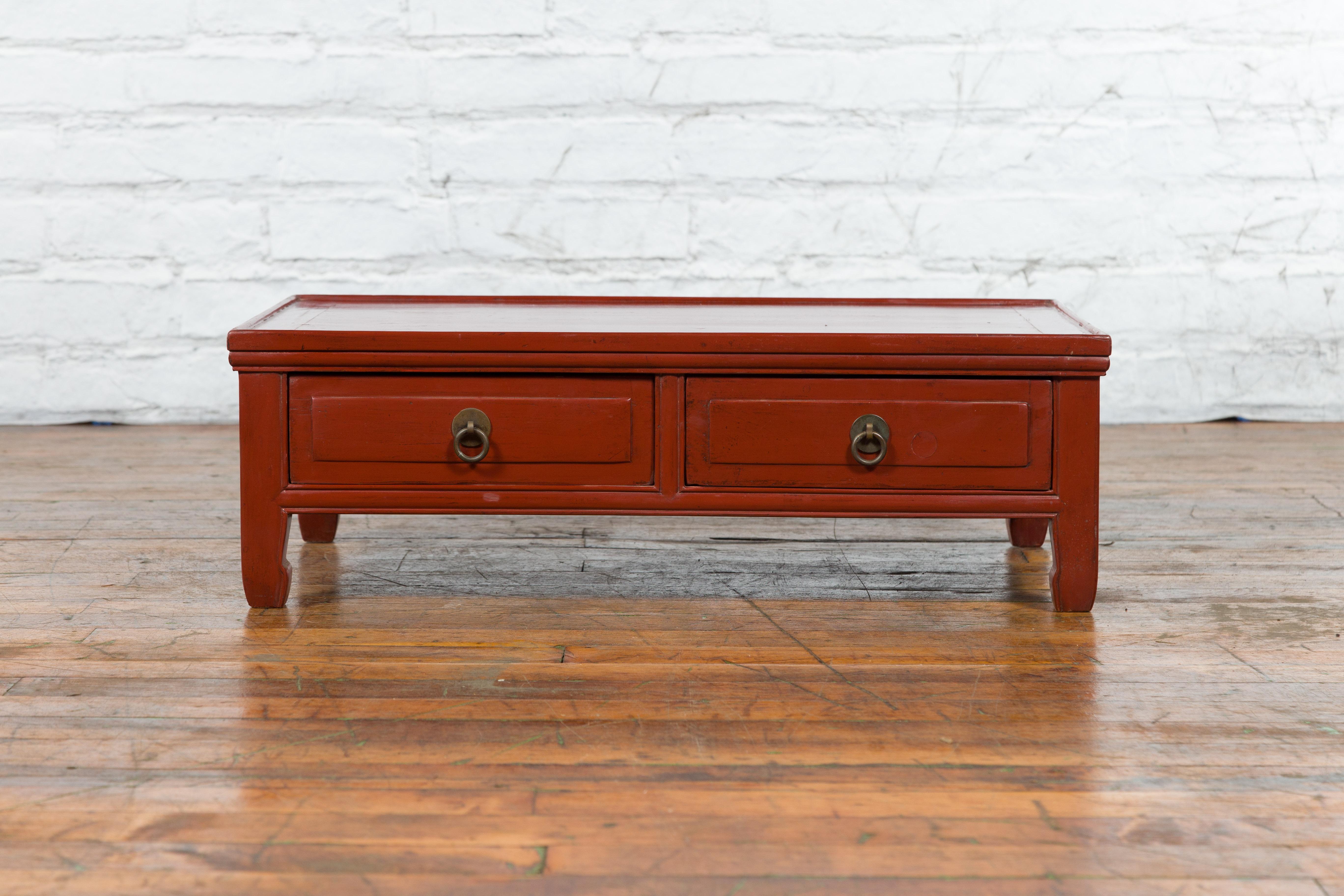 Qing Dynasty Red Lacquer Low Kang Coffee Table with Drawers and Horse Hoof Feet For Sale 6