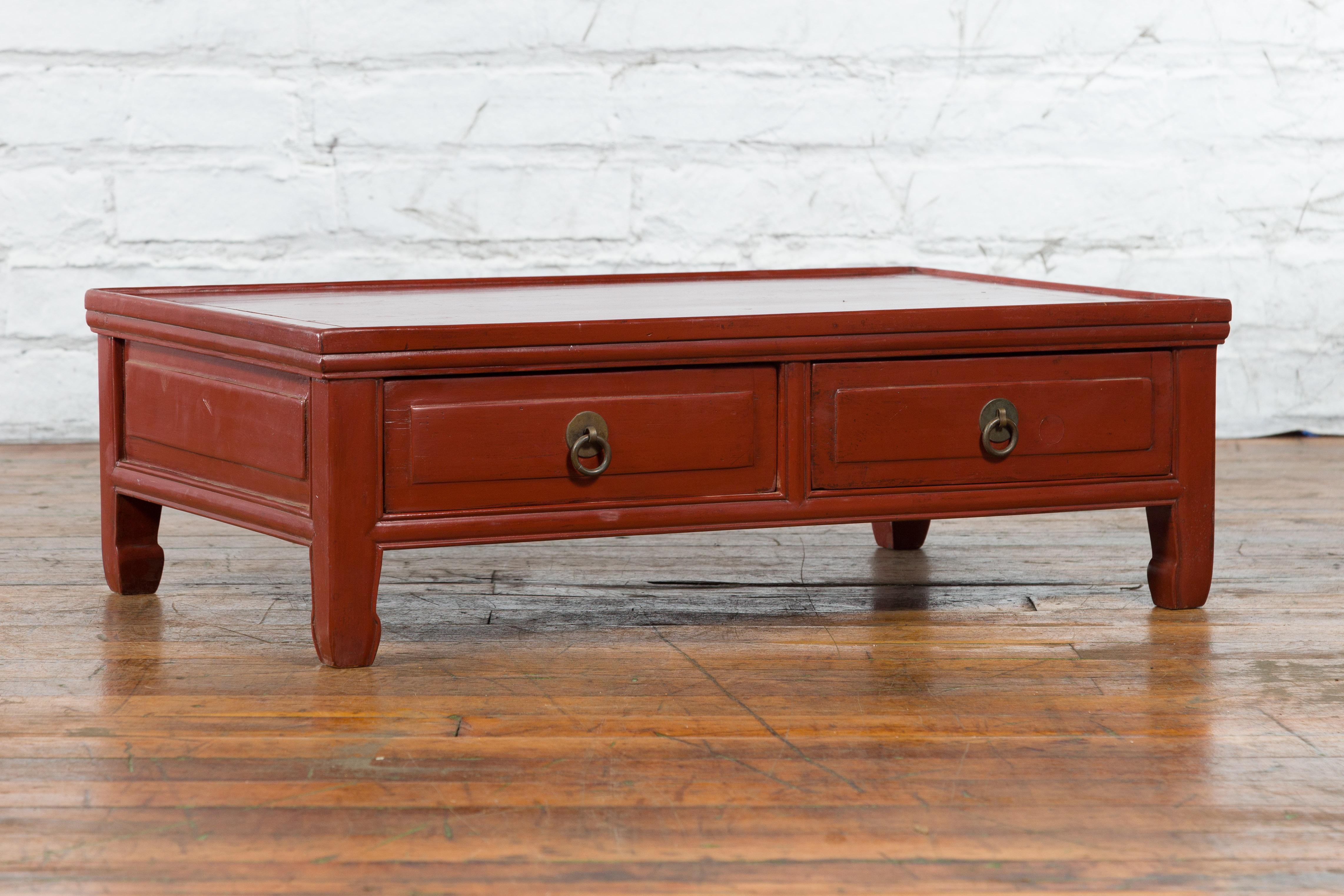 Qing Dynasty Red Lacquer Low Kang Coffee Table with Drawers and Horse Hoof Feet For Sale 7