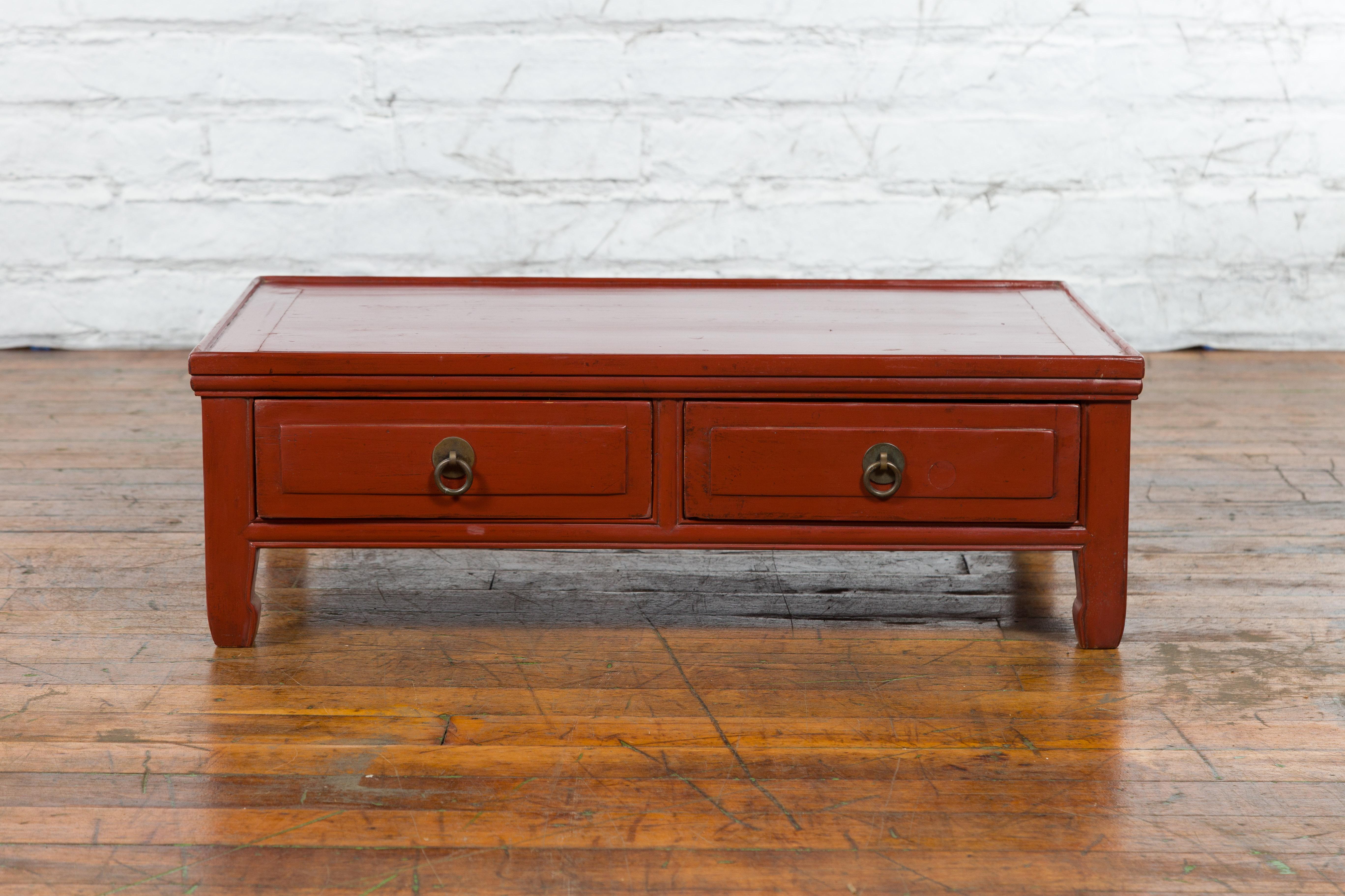 Chinese Qing Dynasty Red Lacquer Low Kang Coffee Table with Drawers and Horse Hoof Feet For Sale