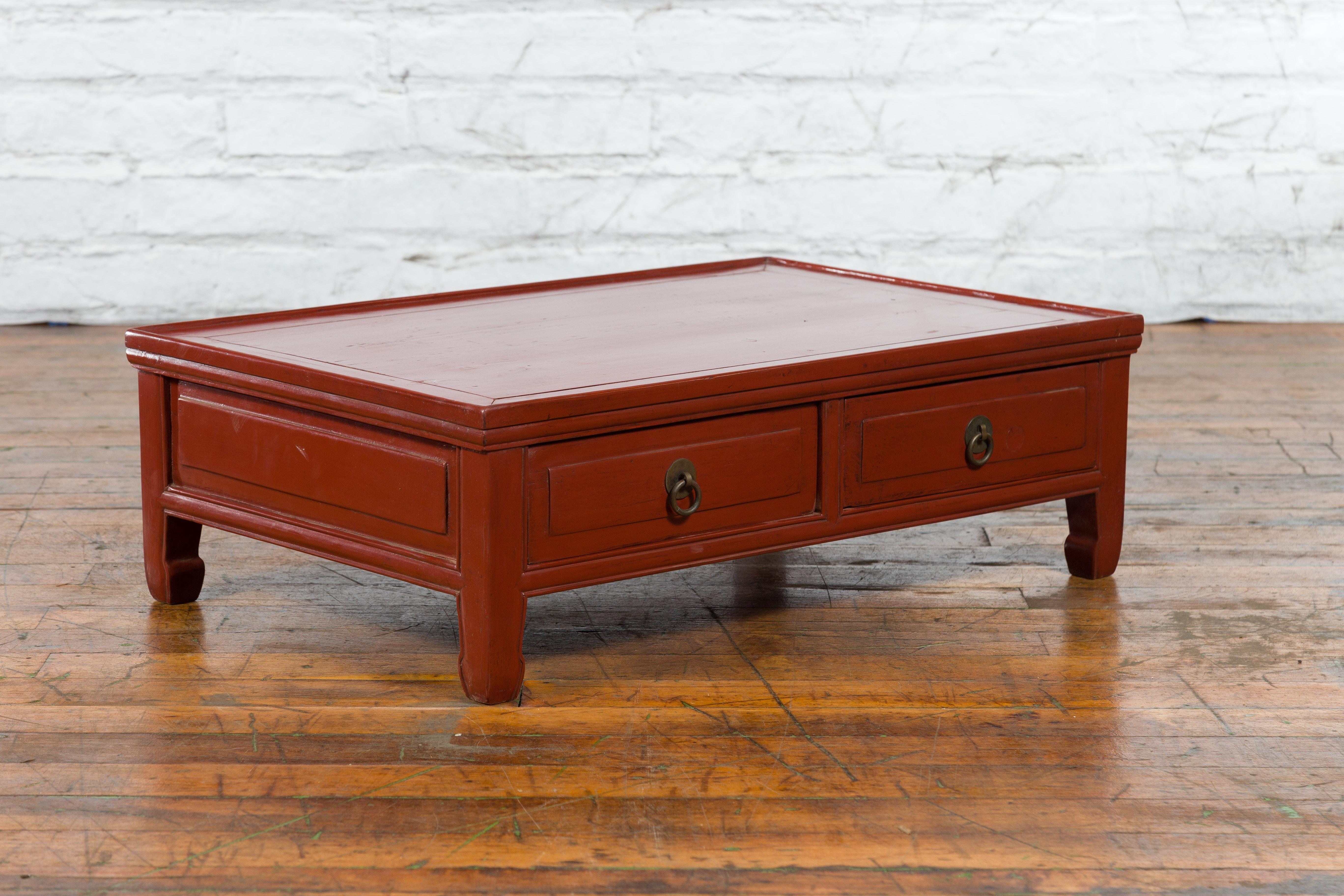 Qing Dynasty Red Lacquer Low Kang Coffee Table with Drawers and Horse Hoof Feet For Sale 1