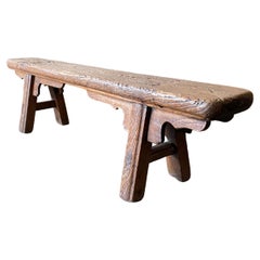 Antique Qing Dynasty Rustic Elm Wood Low Bench