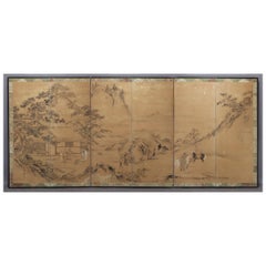 Qing Dynasty Six-Panel Screen Painting of Landscape With Horses and Figures