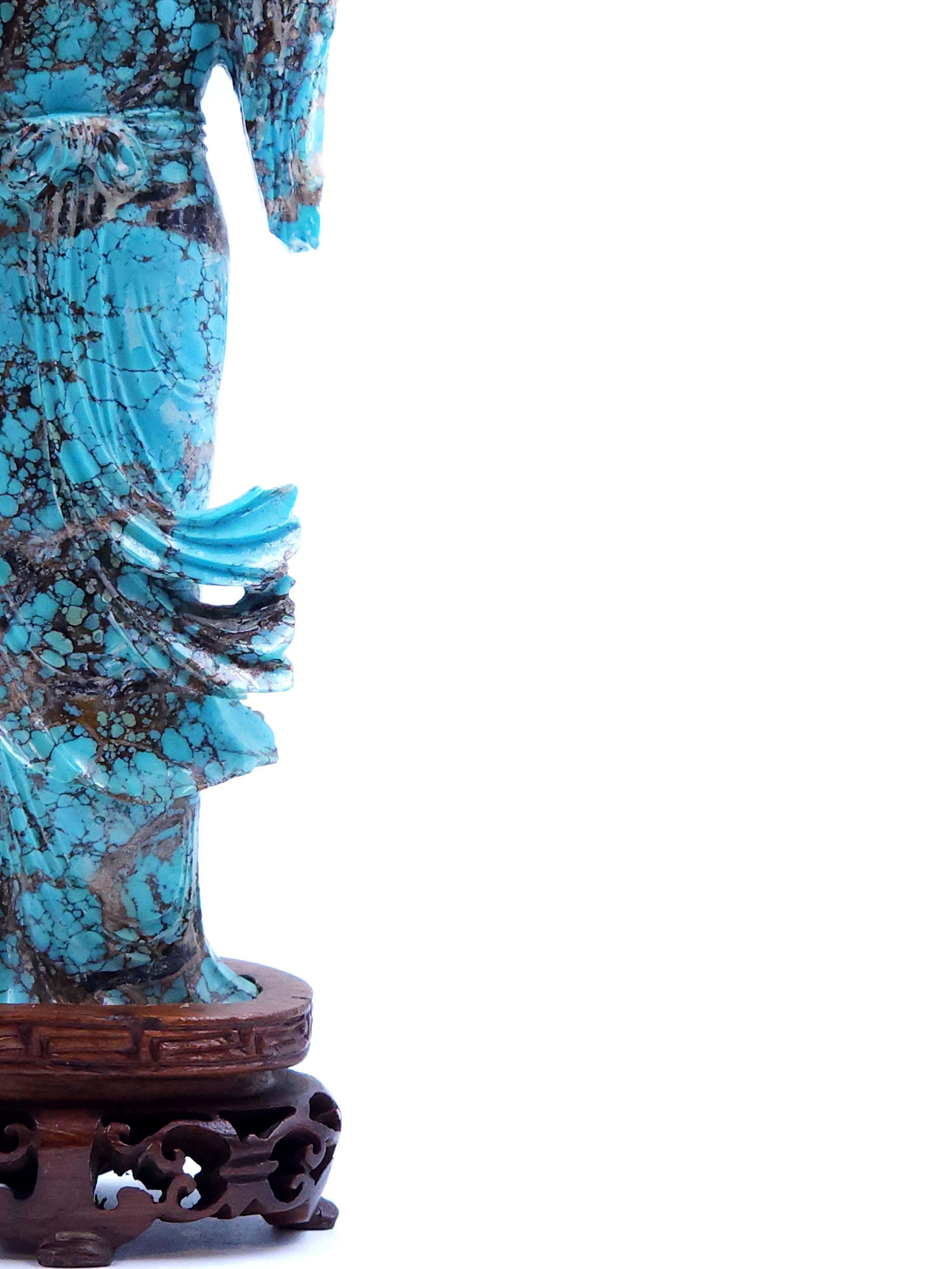 Hand-Carved Qing dynasty standing oriental lady in carved turquoise For Sale