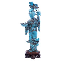 Antique Qing dynasty standing oriental lady in carved turquoise