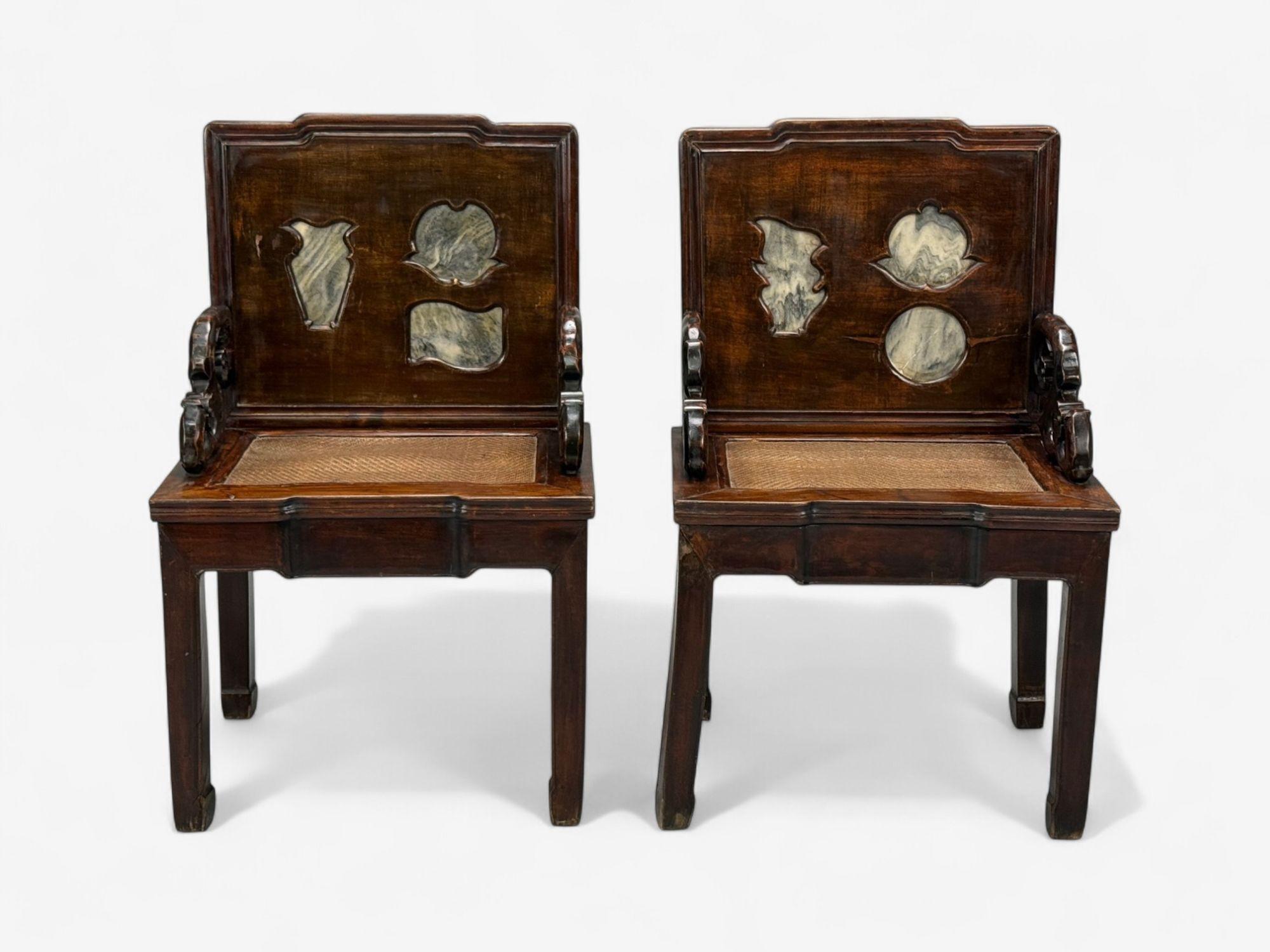 Style dynastie Qing, bois dur, canne, marbre, Fauteuils chinois, Chine, 19e s. en vente 1