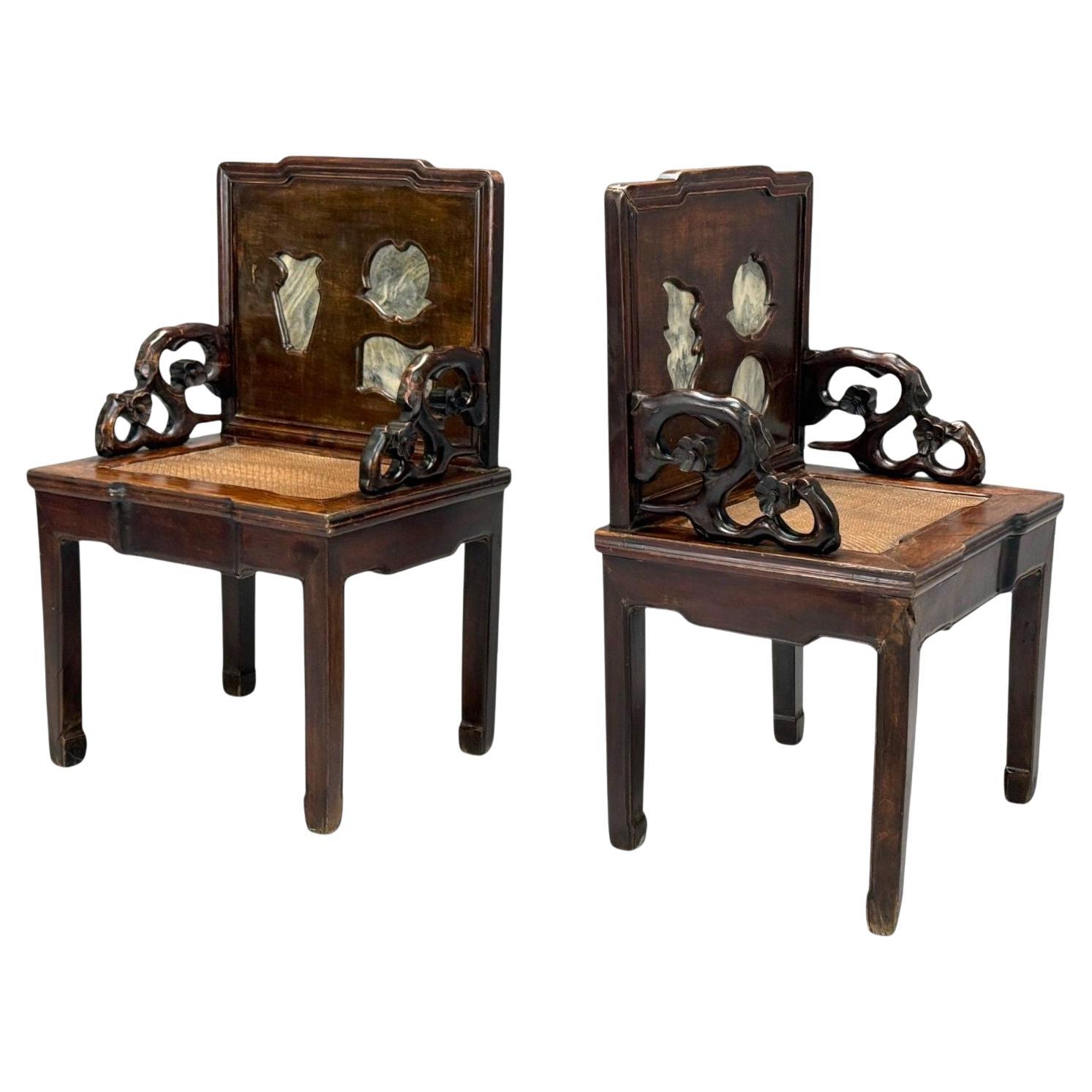 Style dynastie Qing, bois dur, canne, marbre, Fauteuils chinois, Chine, 19e s. en vente