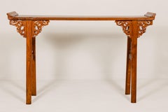 Qing Dynasty Tall Altar Console Table with Carved Scrolling Spandrels