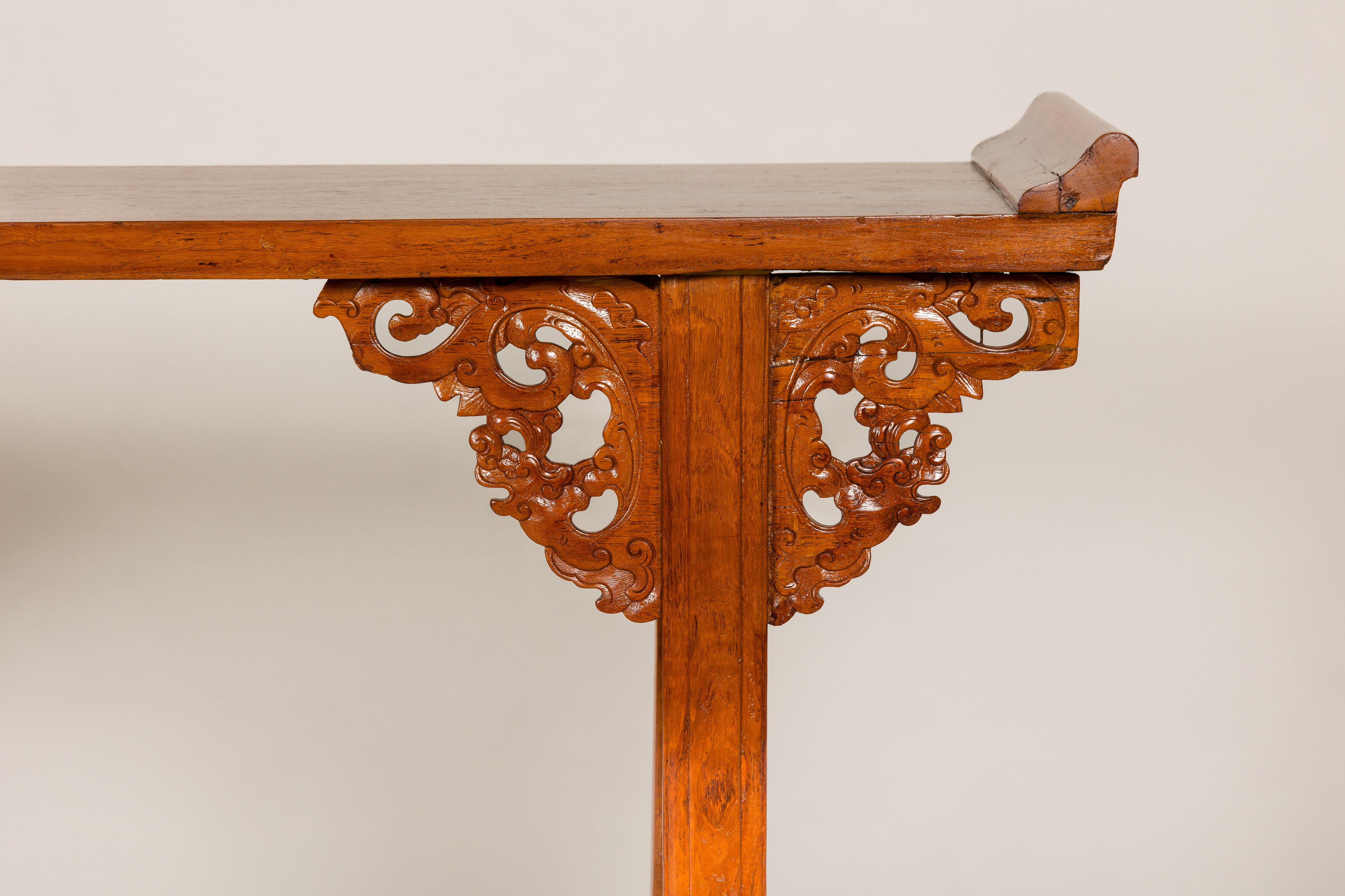 Wood Qing Dynasty Tall Altar Console Table with Carved Scrolling Spandrels For Sale