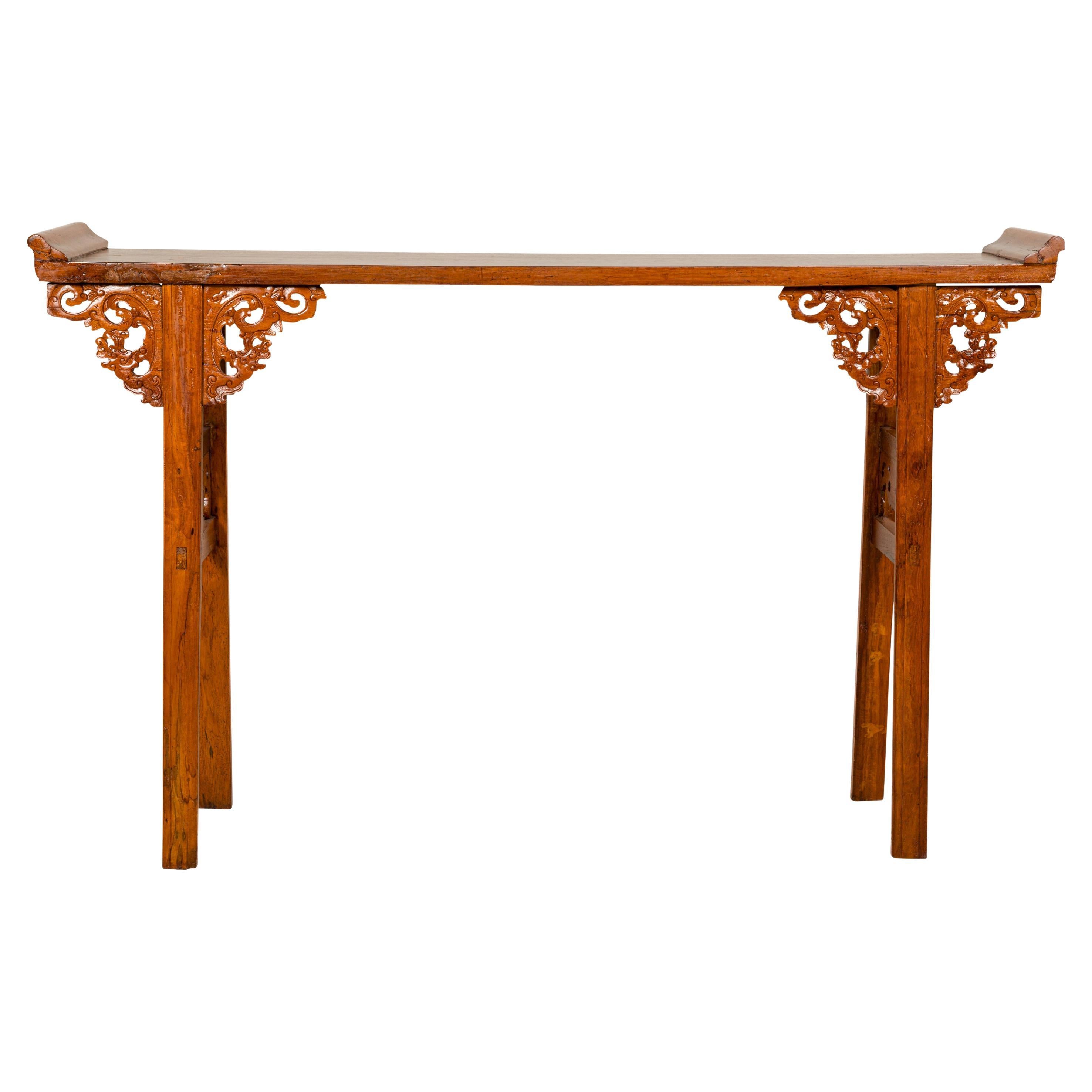 Qing Dynasty Tall Altar Console Table with Carved Scrolling Spandrels For Sale