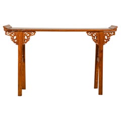 Qing Dynasty Tall Altar Console Table with Carved Scrolling Spandrels