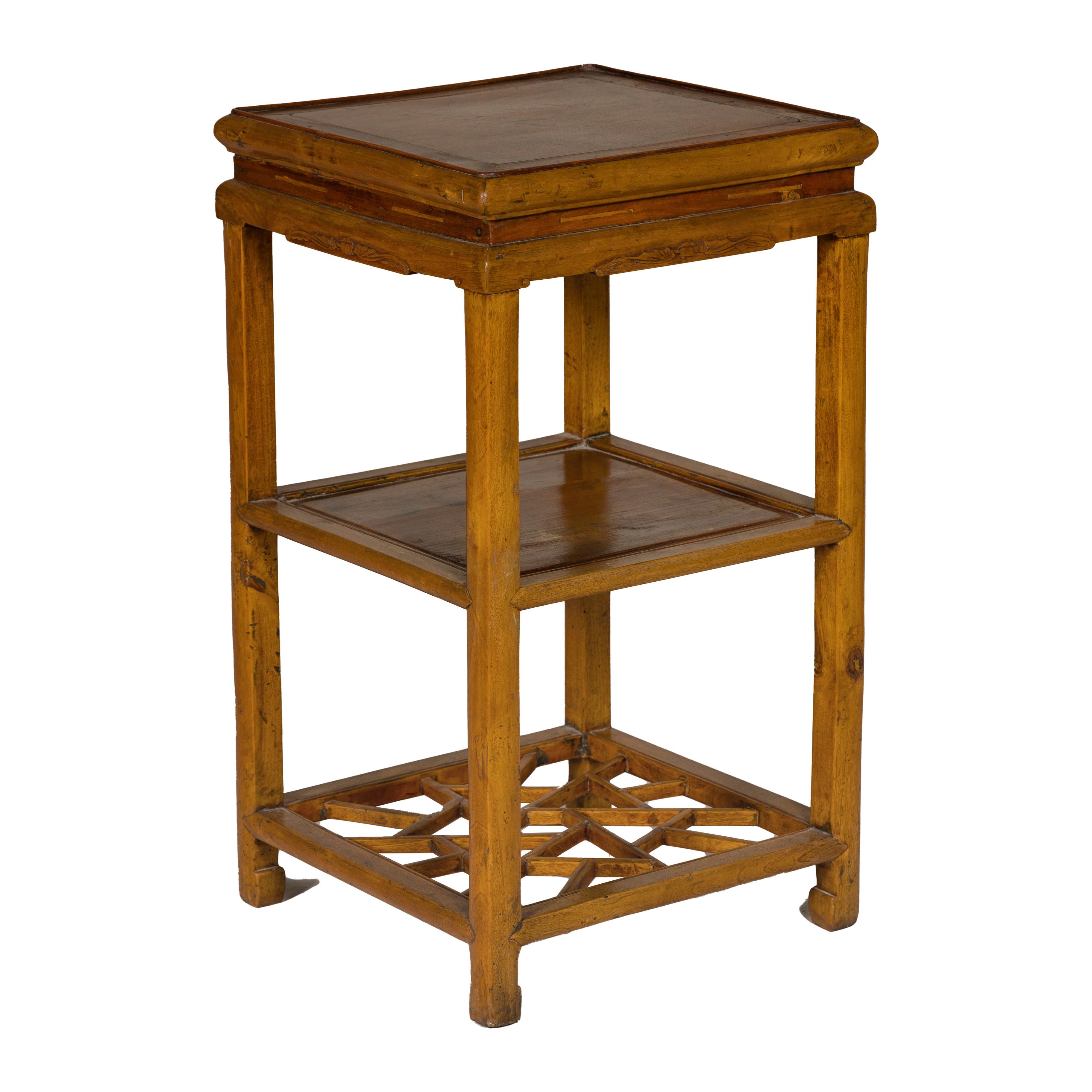 Qing Dynasty Three-Tier Accent Lamp Table with Geometric Shelf For Sale 10