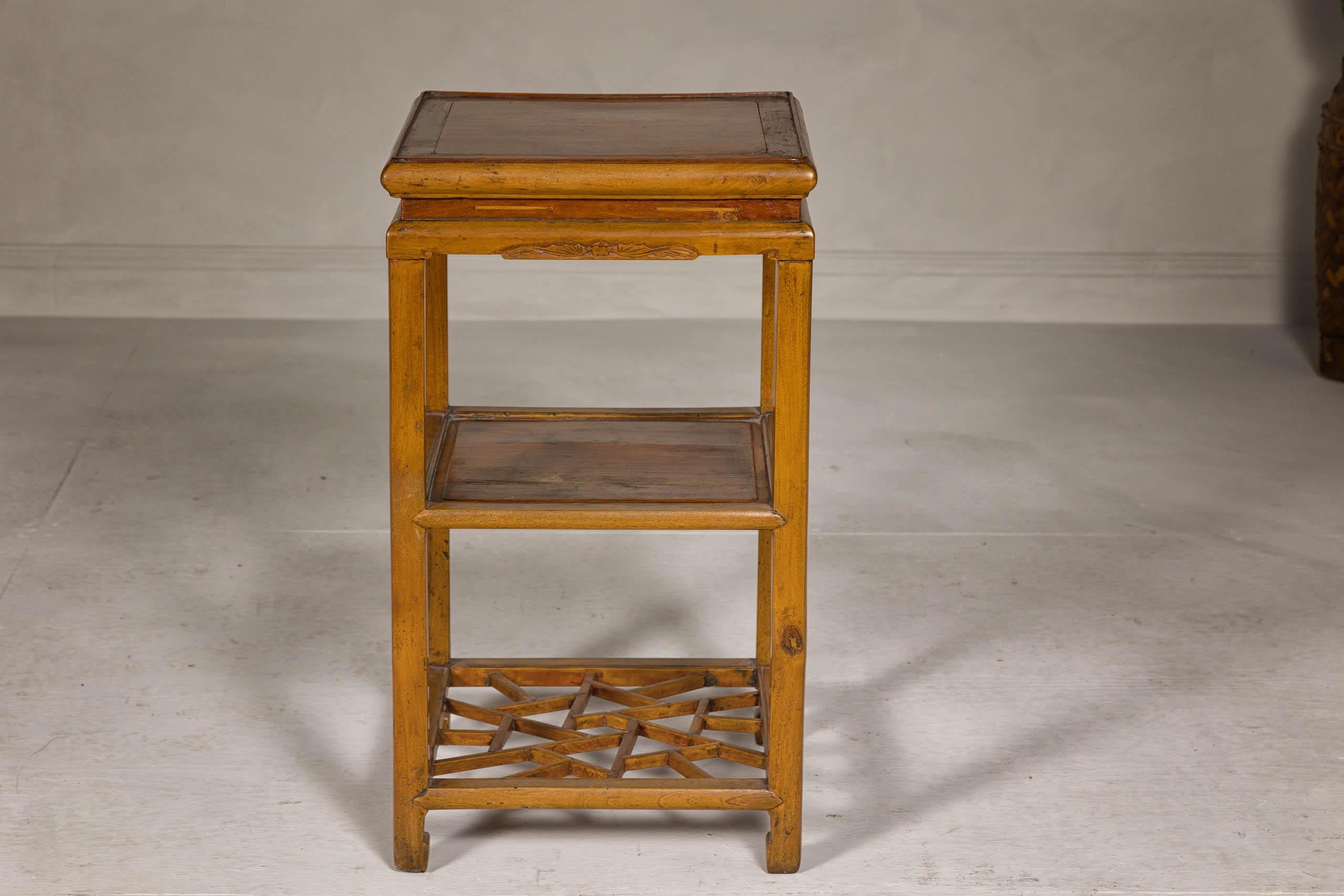 Chinese Qing Dynasty Three-Tier Accent Lamp Table with Geometric Shelf For Sale