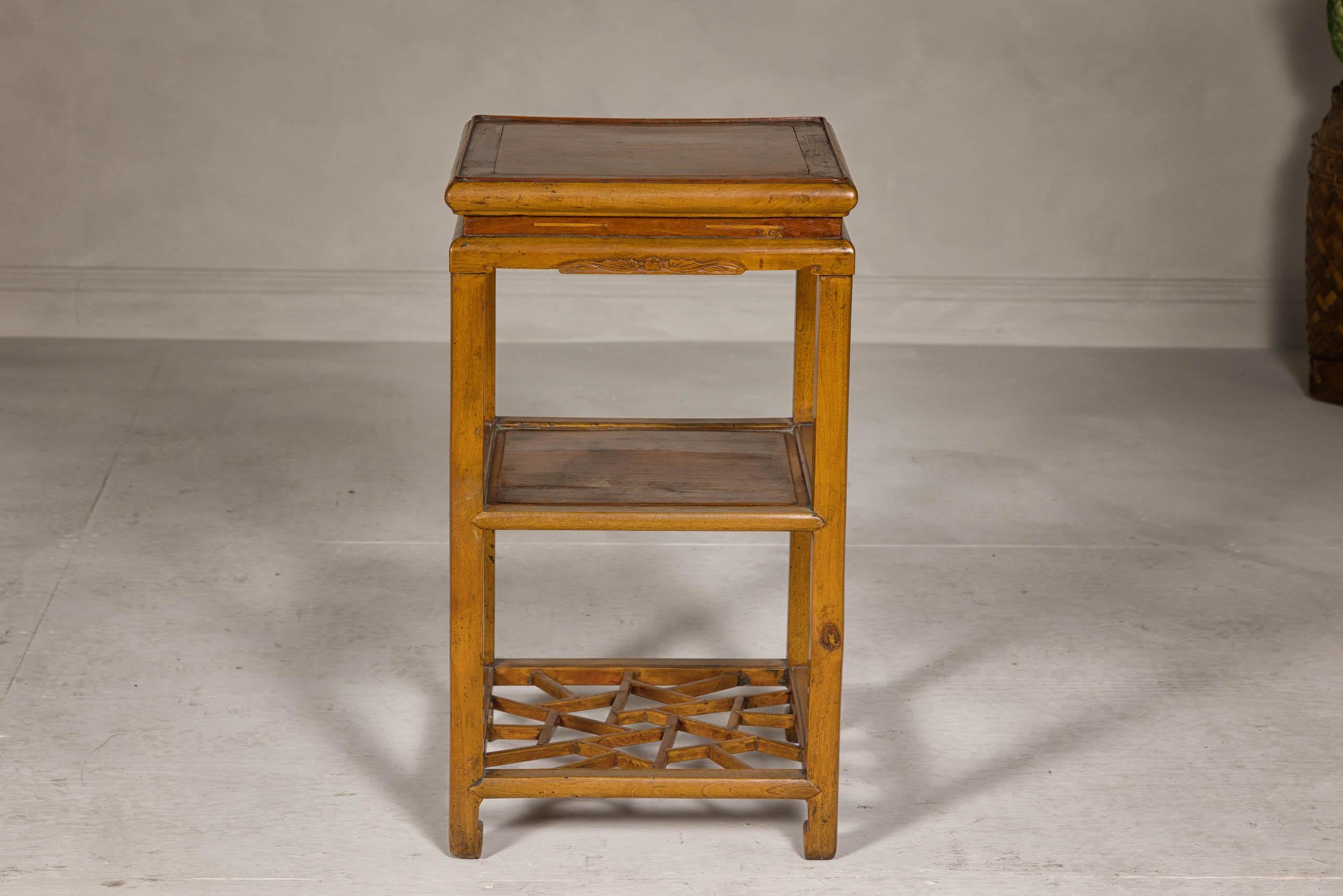 Fretwork Qing Dynasty Three-Tier Accent Lamp Table with Geometric Shelf For Sale