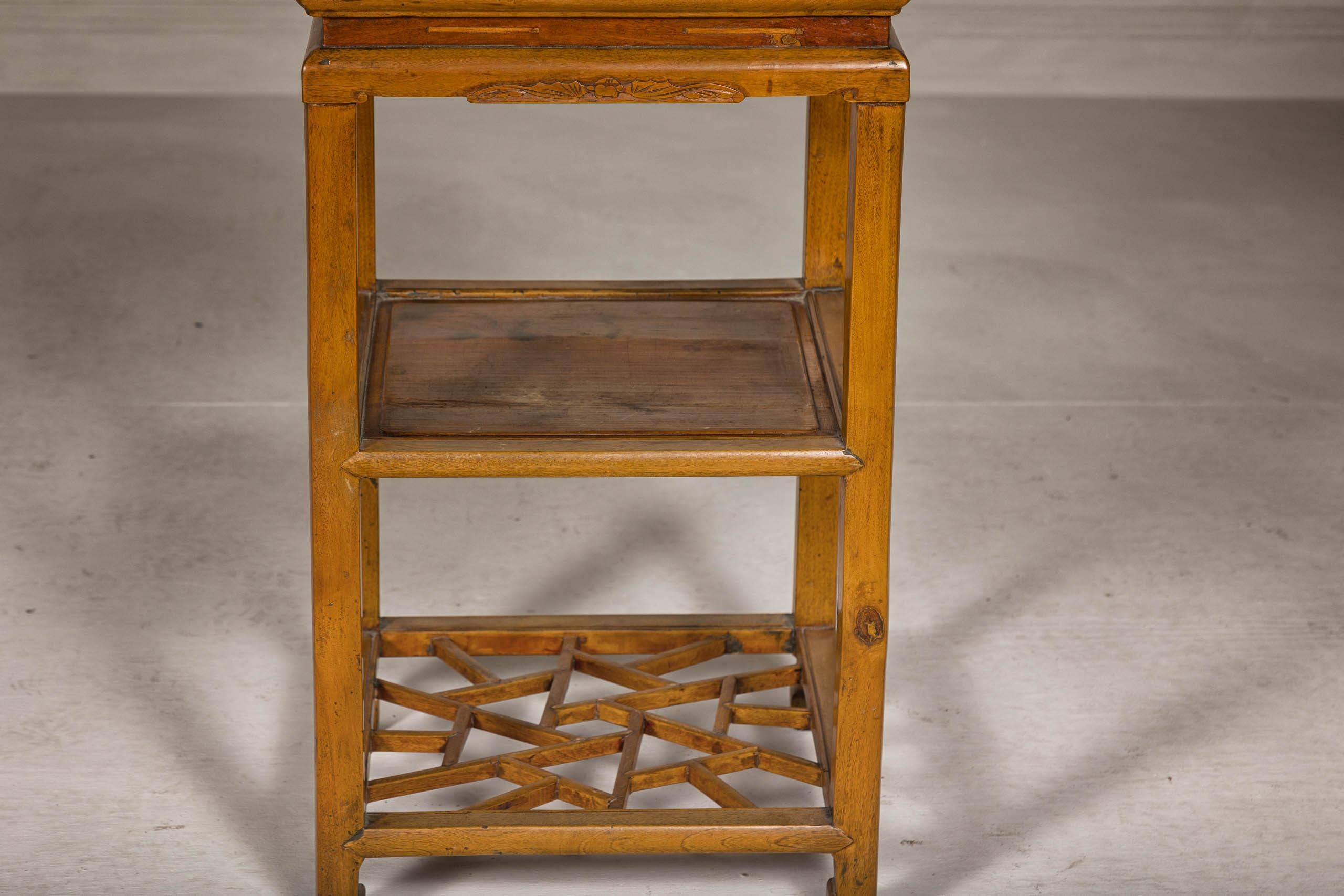 Wood Qing Dynasty Three-Tier Accent Lamp Table with Geometric Shelf For Sale