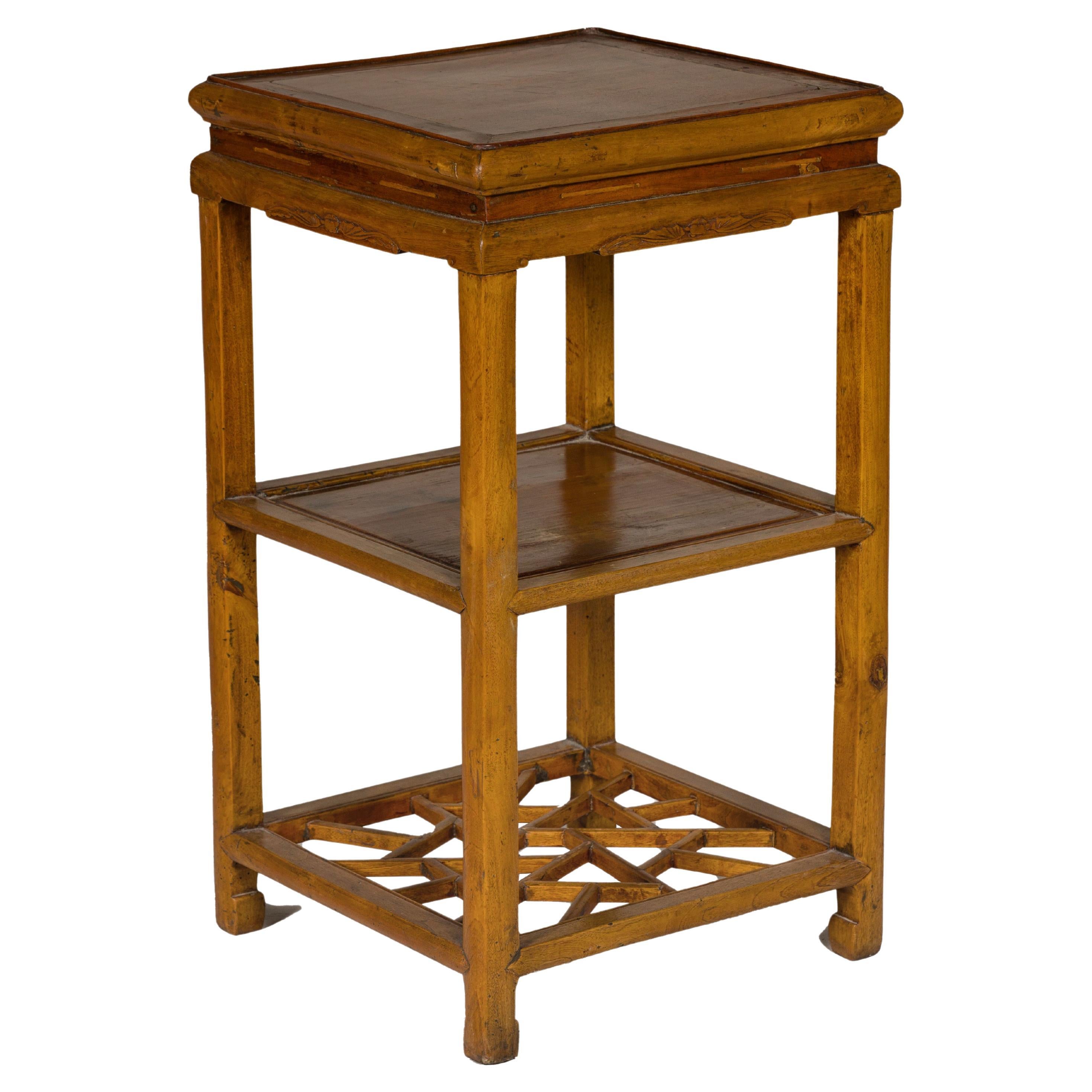 Qing Dynasty Three-Tier Accent Lamp Table with Geometric Shelf For Sale
