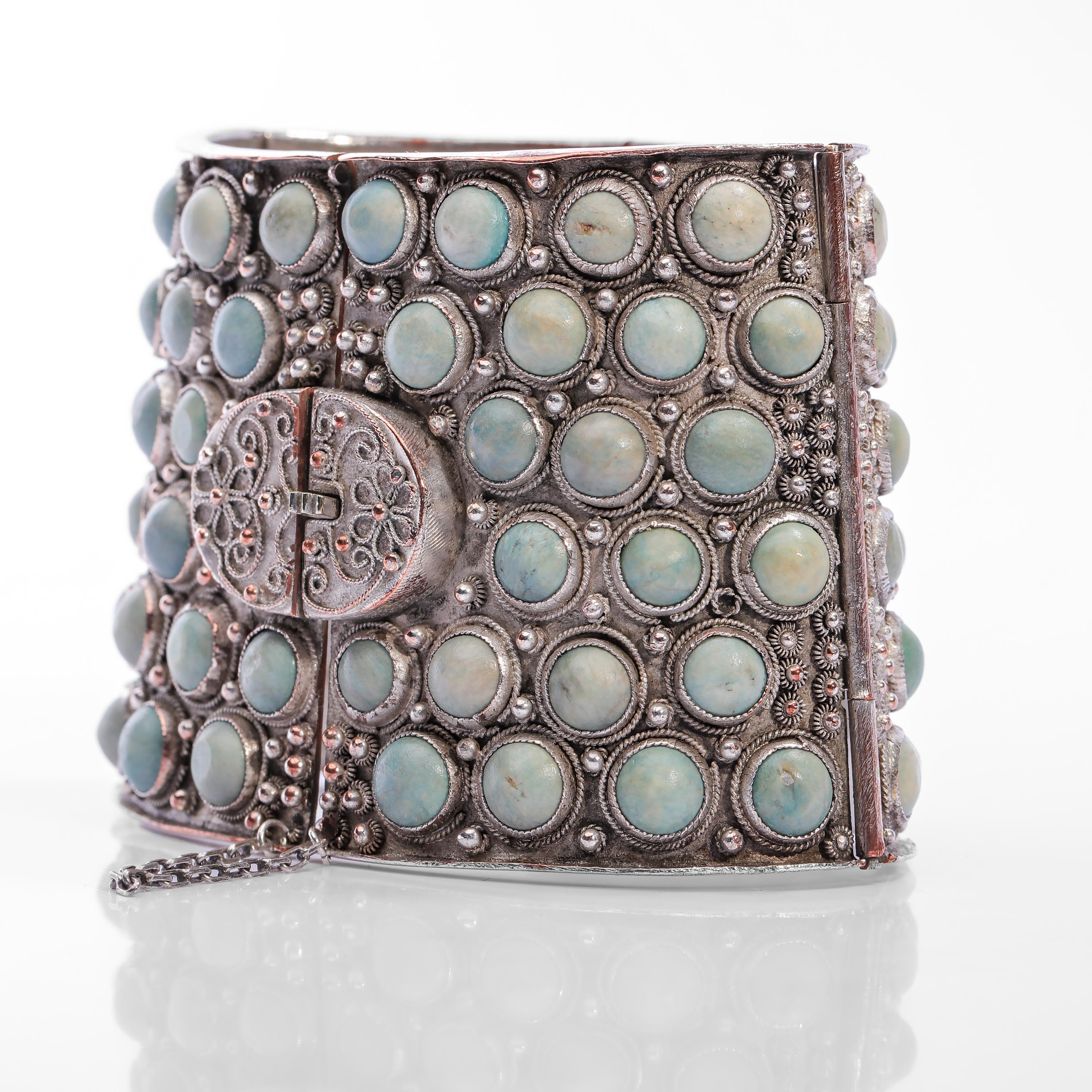 Cabochon Qing Dynasty Turquoise Cuff Silver Over Copper