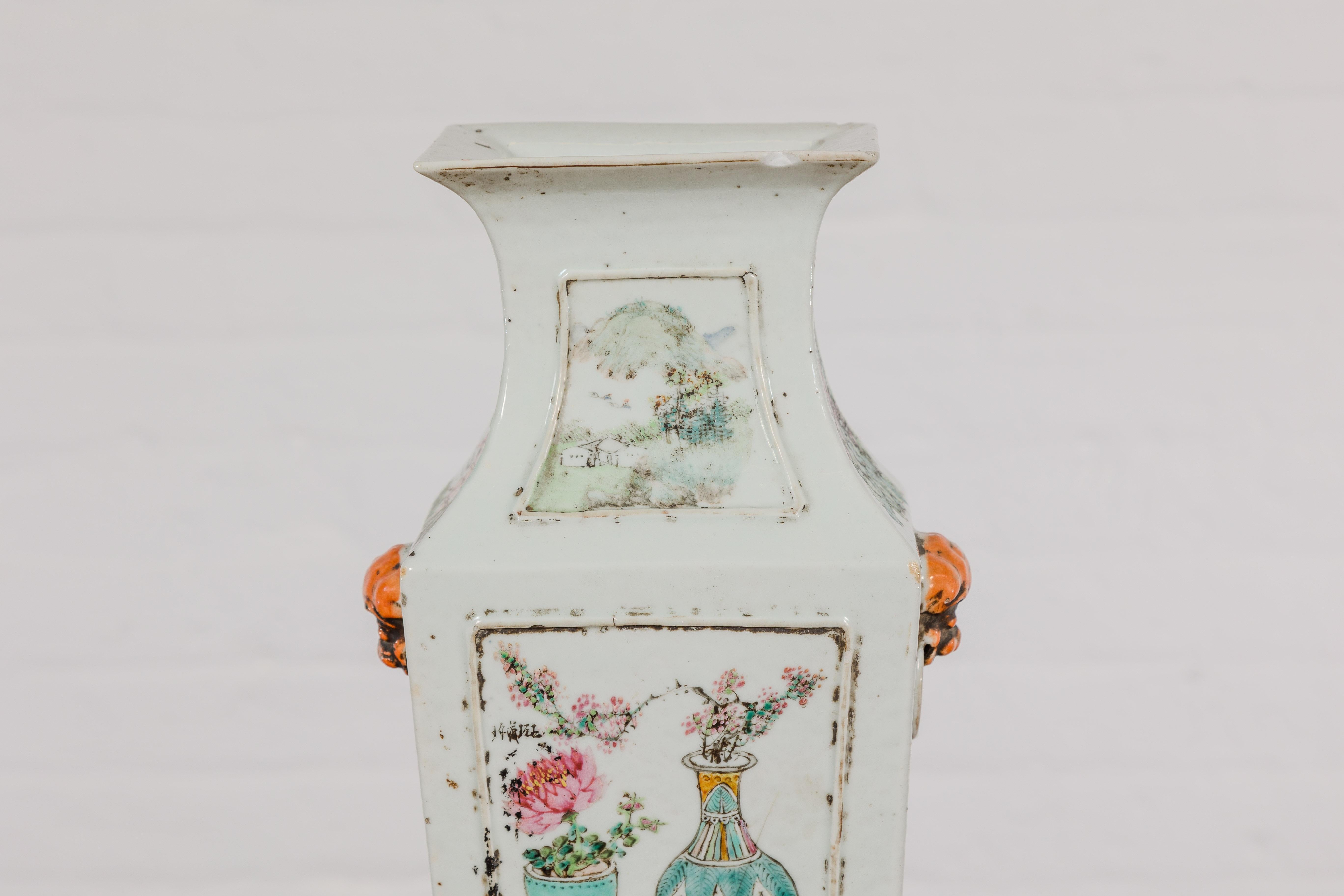 Chinese Qing Dynasty White Porcelain Vase with Painted Flowers, Objects and Calligraphy For Sale