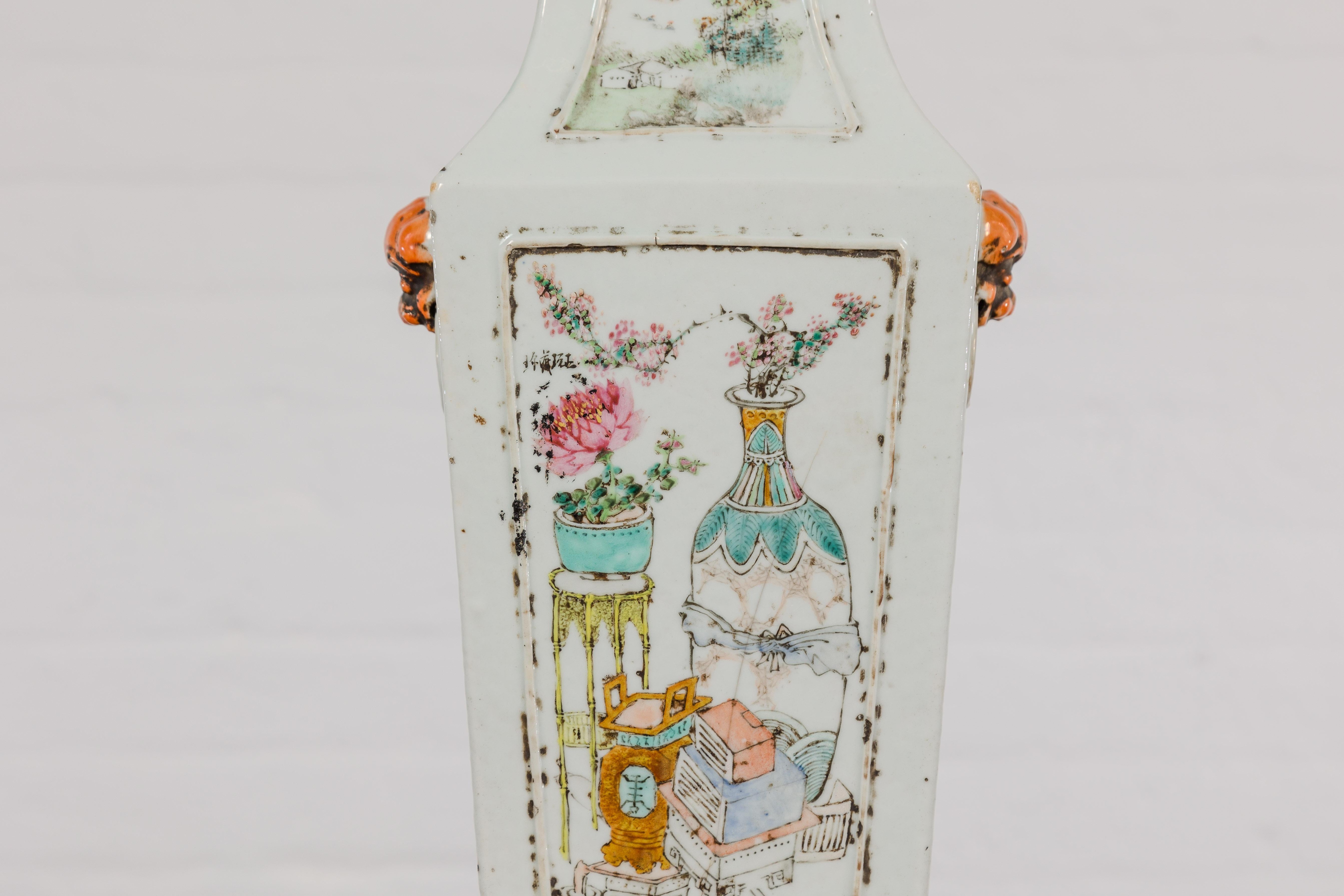 Qing Dynasty White Porcelain Vase with Painted Flowers, Objects and Calligraphy In Good Condition For Sale In Yonkers, NY