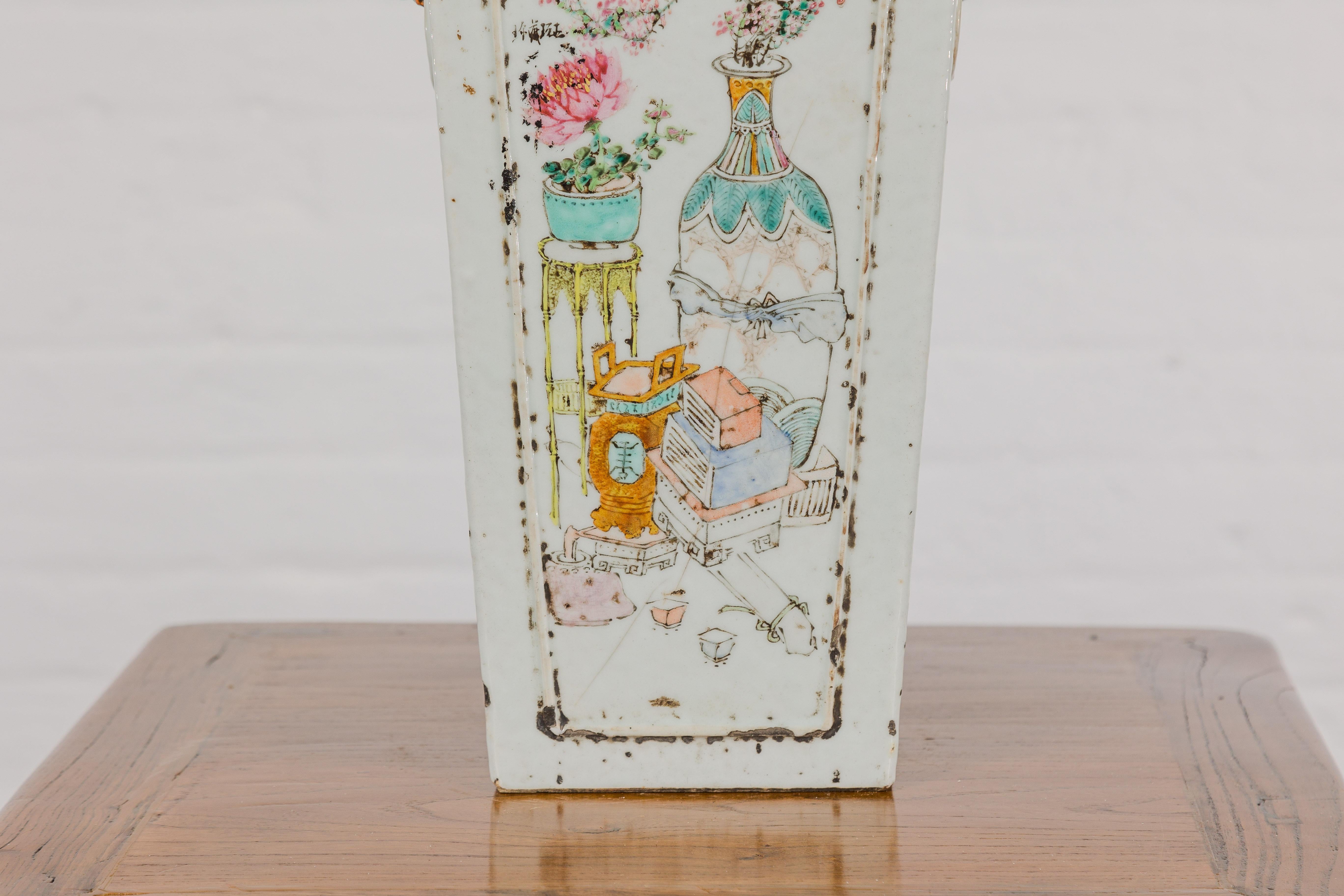 19th Century Qing Dynasty White Porcelain Vase with Painted Flowers, Objects and Calligraphy For Sale