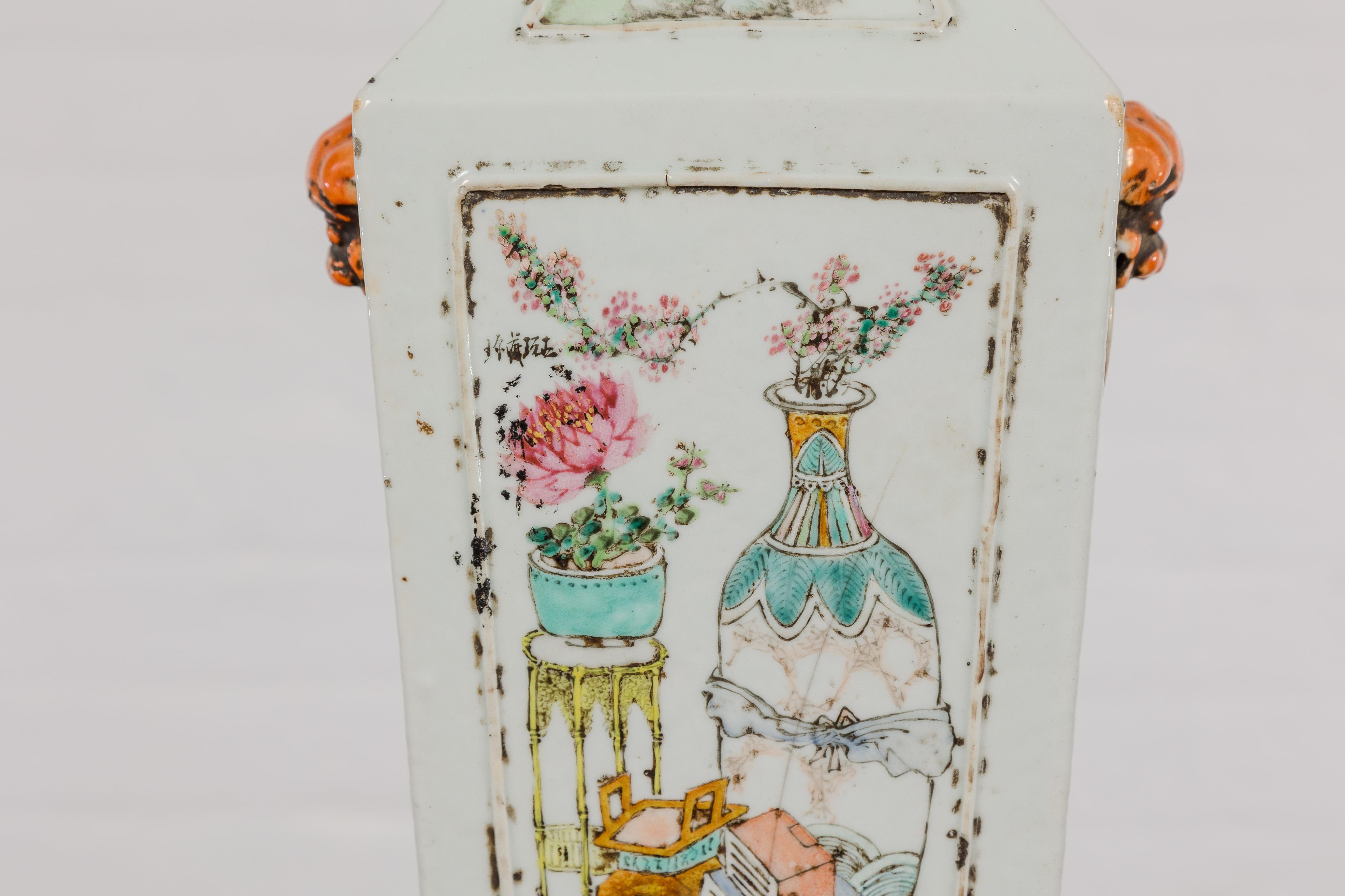 Qing Dynasty White Porcelain Vase with Painted Flowers, Objects and Calligraphy For Sale 1