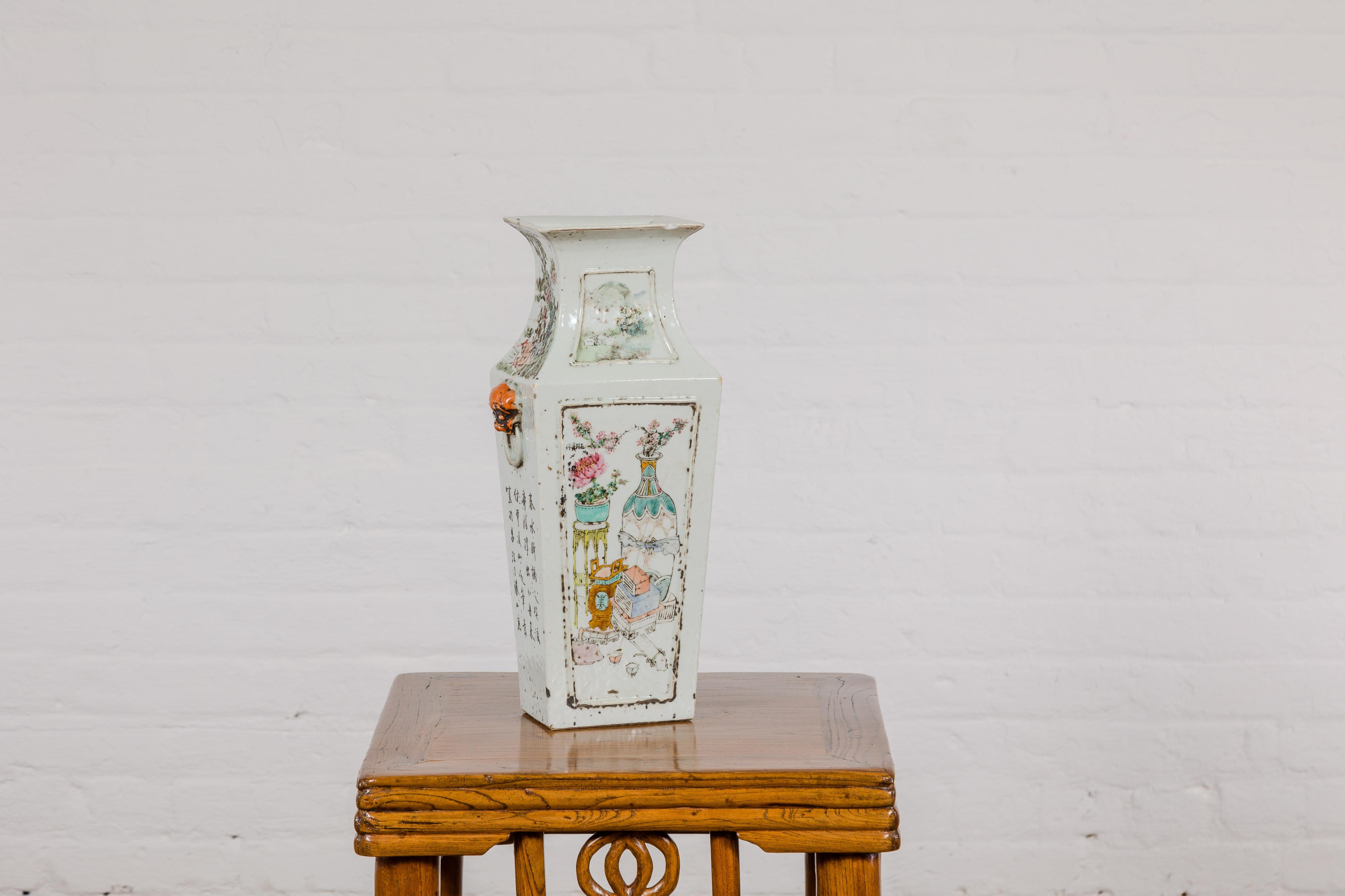 Qing Dynasty White Porcelain Vase with Painted Flowers, Objects and Calligraphy For Sale 2