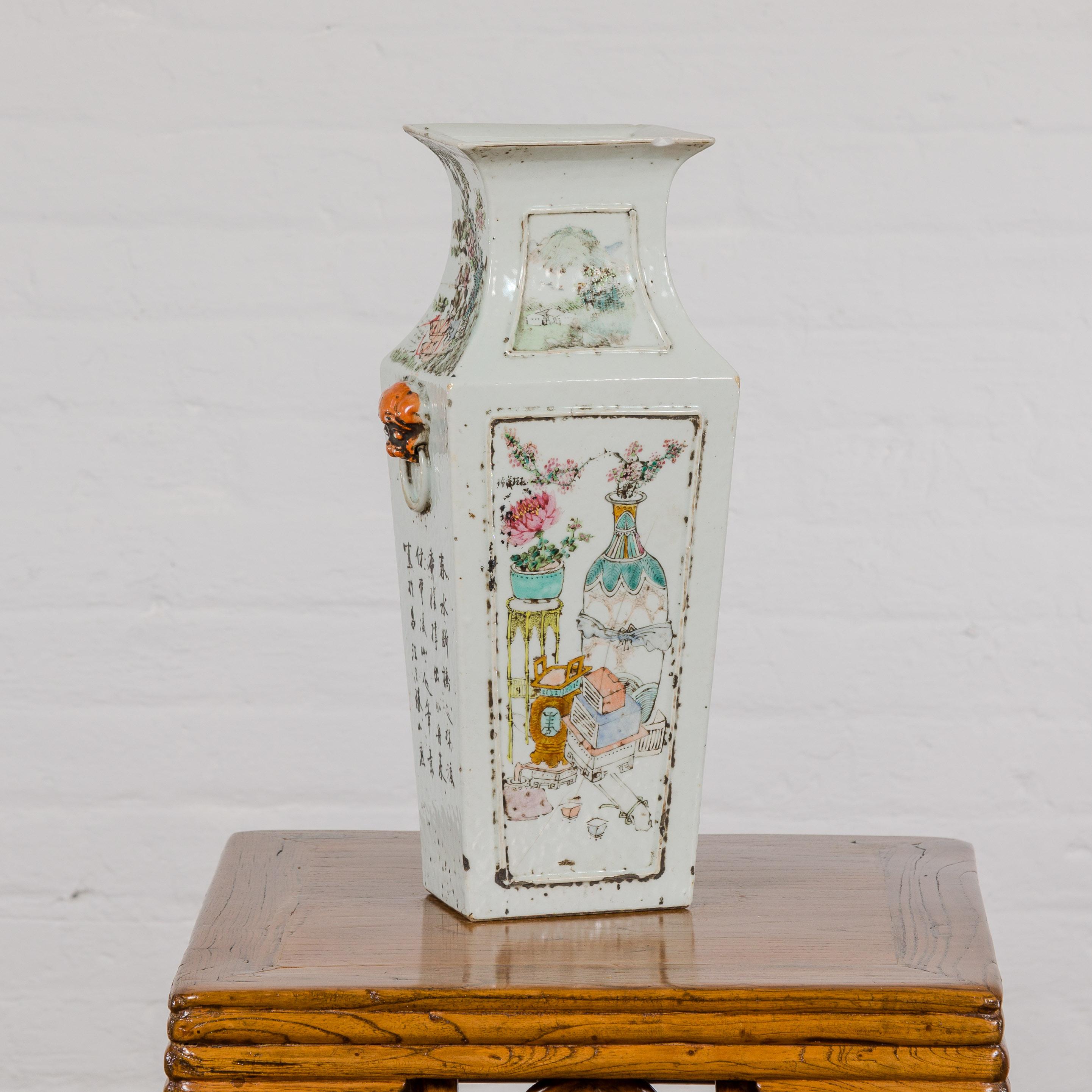 Qing Dynasty White Porcelain Vase with Painted Flowers, Objects and Calligraphy For Sale 3