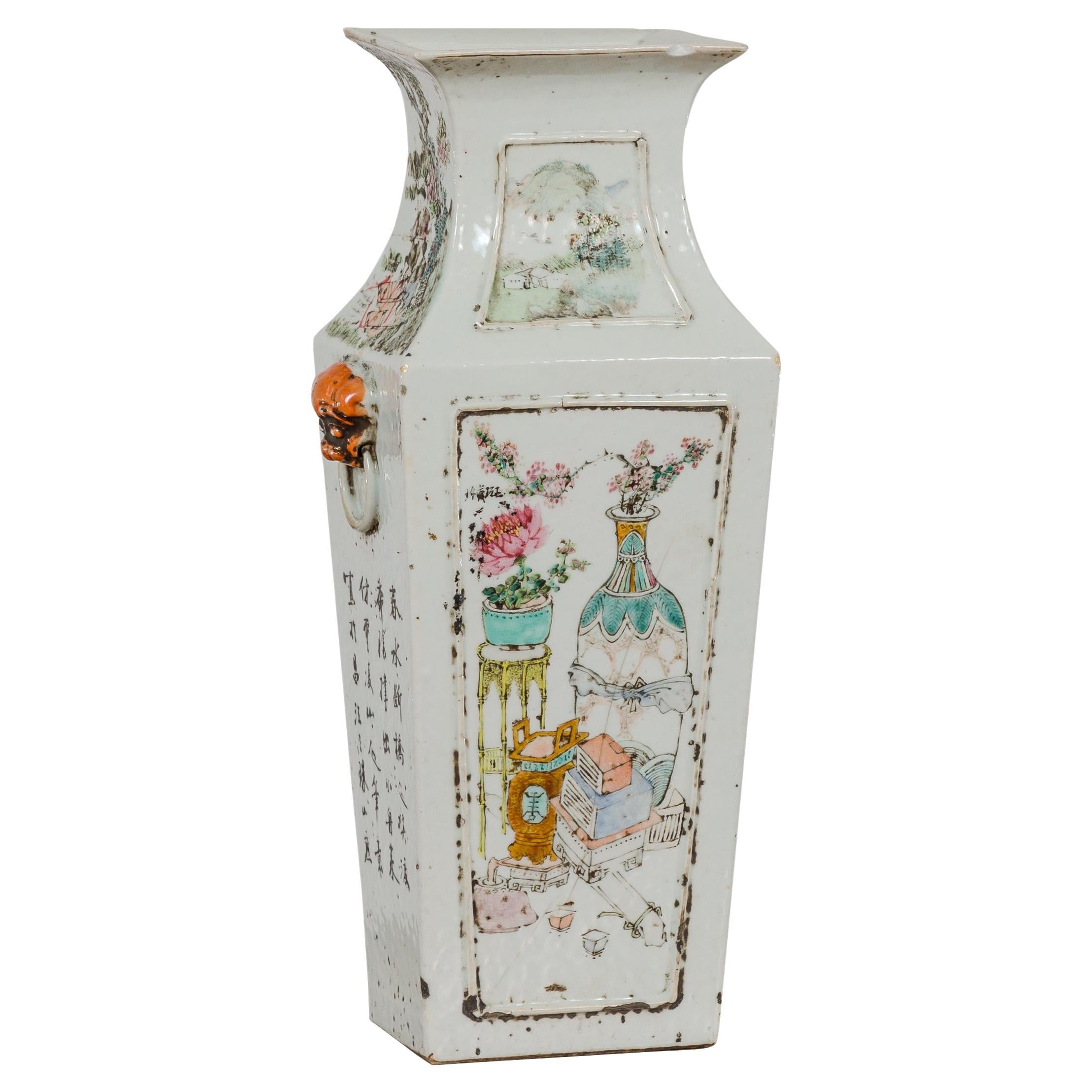 Qing Dynasty White Porcelain Vase with Painted Flowers, Objects and Calligraphy For Sale