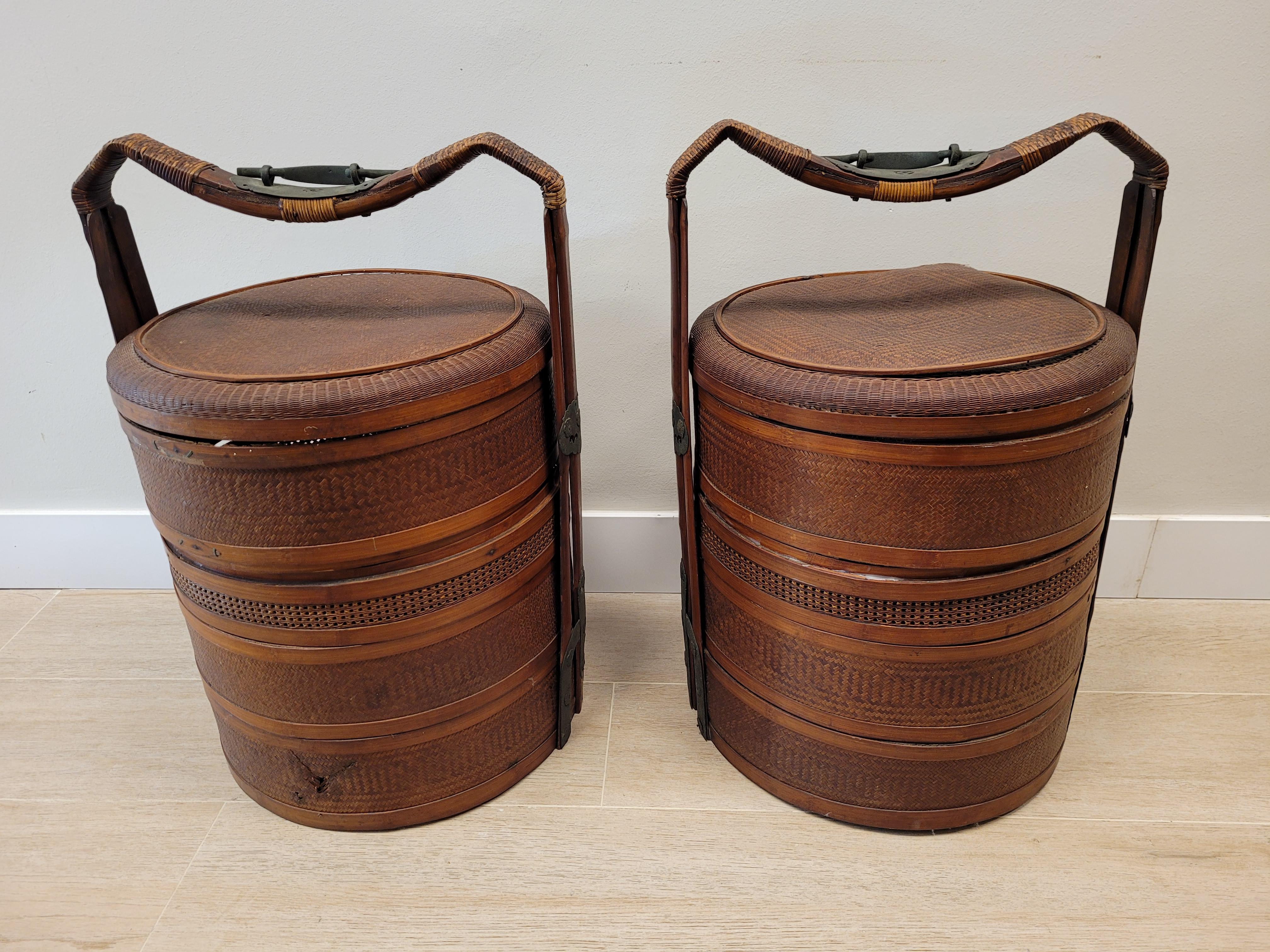Wonderful pair of baskets made by hand in woven rattan, bamboo wood and bronze fittings, in China  19th century  Dao - Guang  period ( 1821 - 1850 )
They are two large  cinnamon red  baskets, used in the wedding ceremony to store the food for the