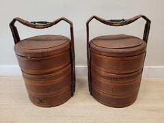 Qing Pair of RED CHINESE BASQUETS in rattan , bamboo wood , bronze