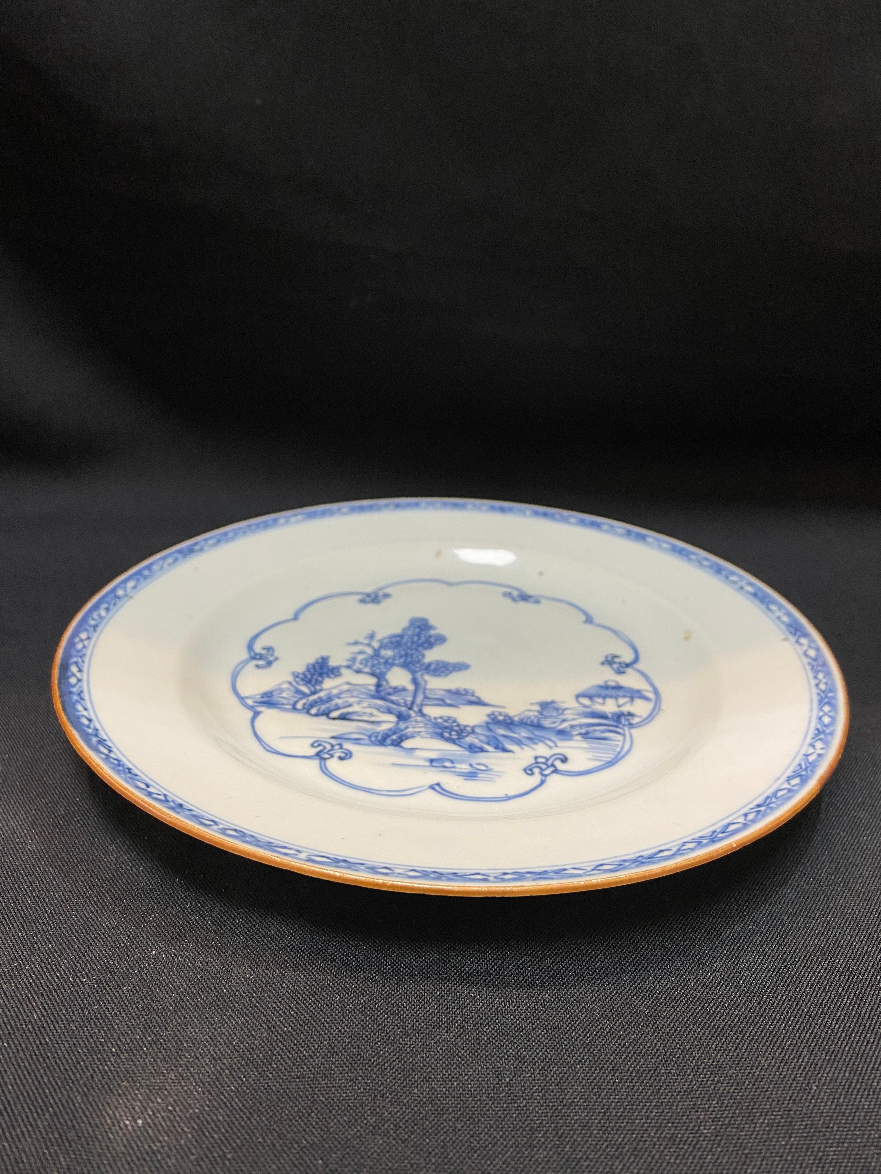 Qing. QianLong period blue and white “Landscape” dish/ 清，乾隆 青花山水图盘(有冲）18th century
Condition：Shows normal sign of wear and use， Please notice around the rim area has a hairline, please refer the photos for condition reports, and exam carefully