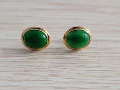 Qīng Zhong Green Jade Stud Earrings with solid 14K Yellow Gold