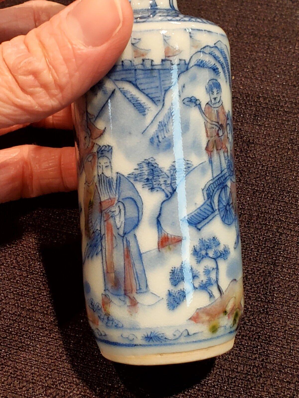 Qing, An Antique blue and white underglaze red figural painting snuff bottle. ?,????????????(???)
Condition: Shows normal sign of wear and use, please notice the bottom base of the snuff bottle has shown some small crack. Please refer the details