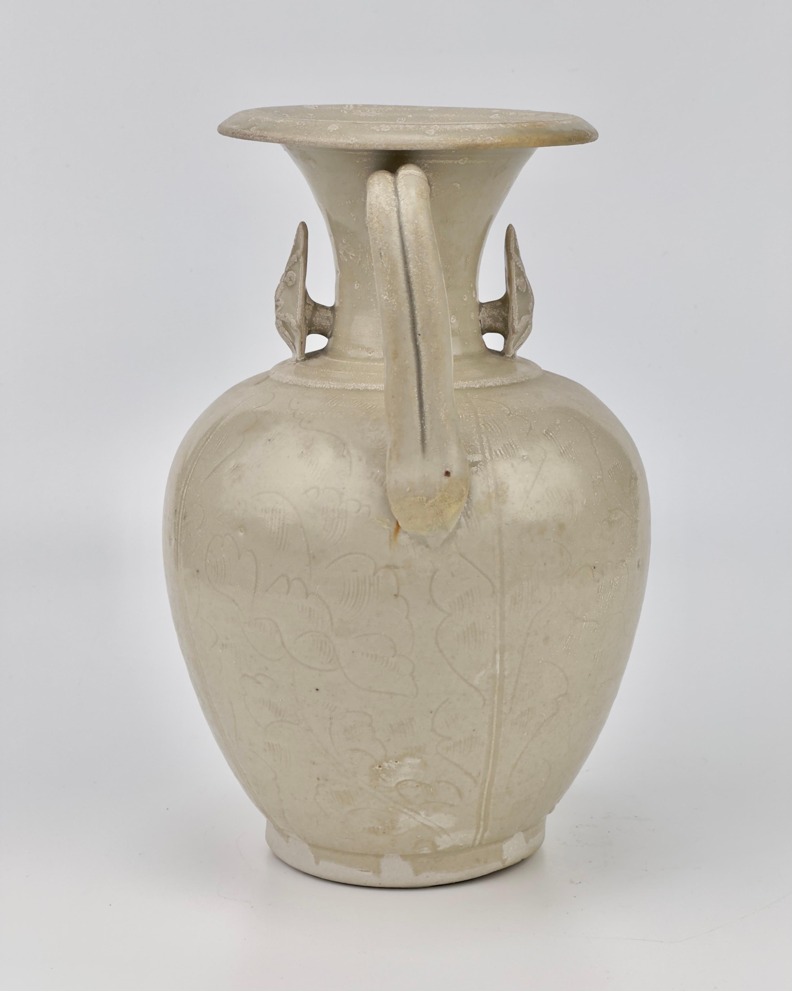 The oviform body is divided into few lobes, and the shoulder is applied with a pair of small loops molded.


Period : Song Dynasty(960~1279)
Type : Ewer
Medium : Zhejiang celadon
Provenance : Acquired in late 1990s from Hongkong
Reference :
1) Yu